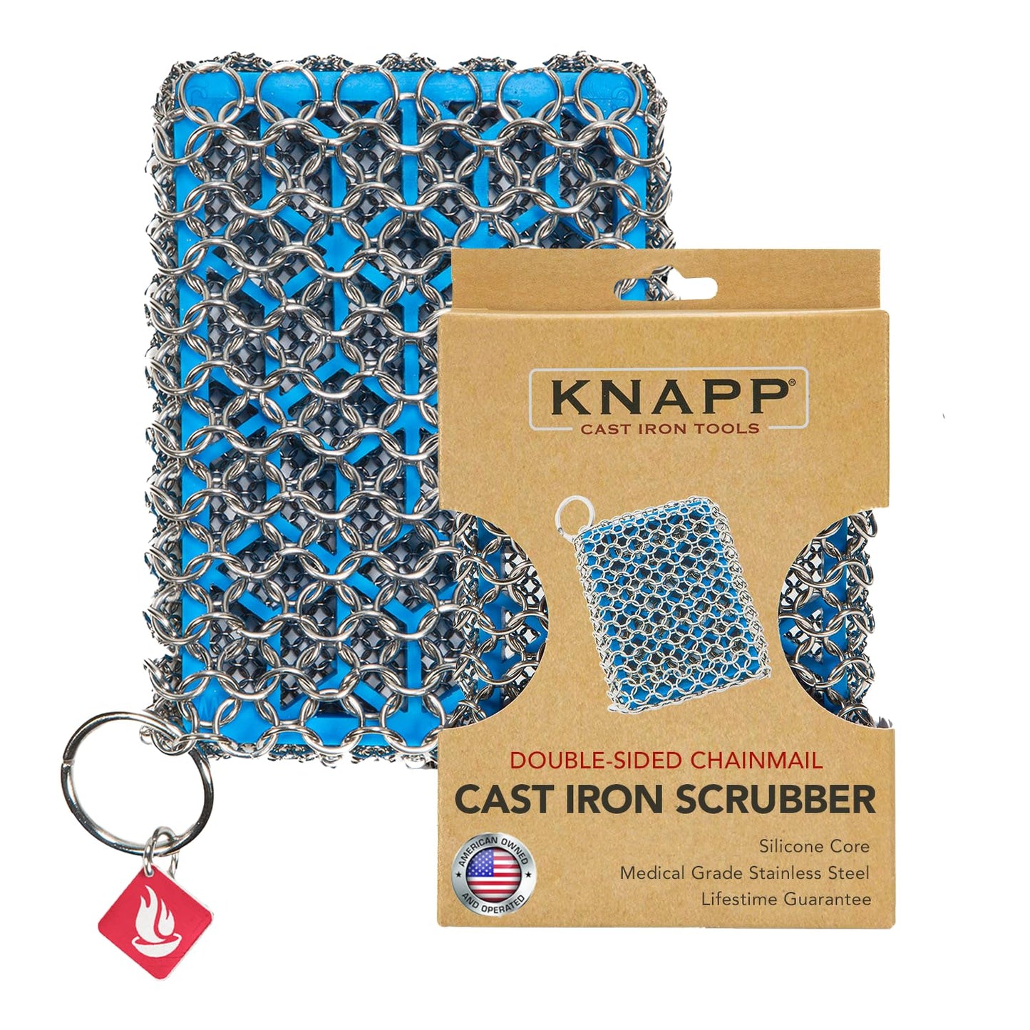Knapp Made Combo Chainmail Cast Iron Scrubber with Silicone Core - Heavy Duty Rings and Fine Chainmail Rings -Premium Cleaner -Perfect for Cast Iron