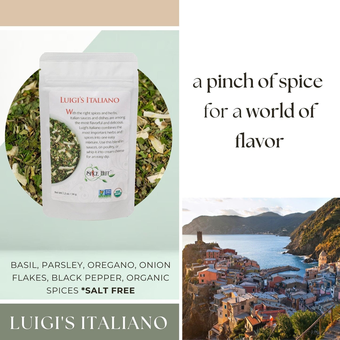 Spice Hut - Modern Italiano Seasoning Mix Organic, No Salt, Luigis Italiano Blend for Cooking Flavorful Mediterranean Food / Pot Roast, Meat, Veggies