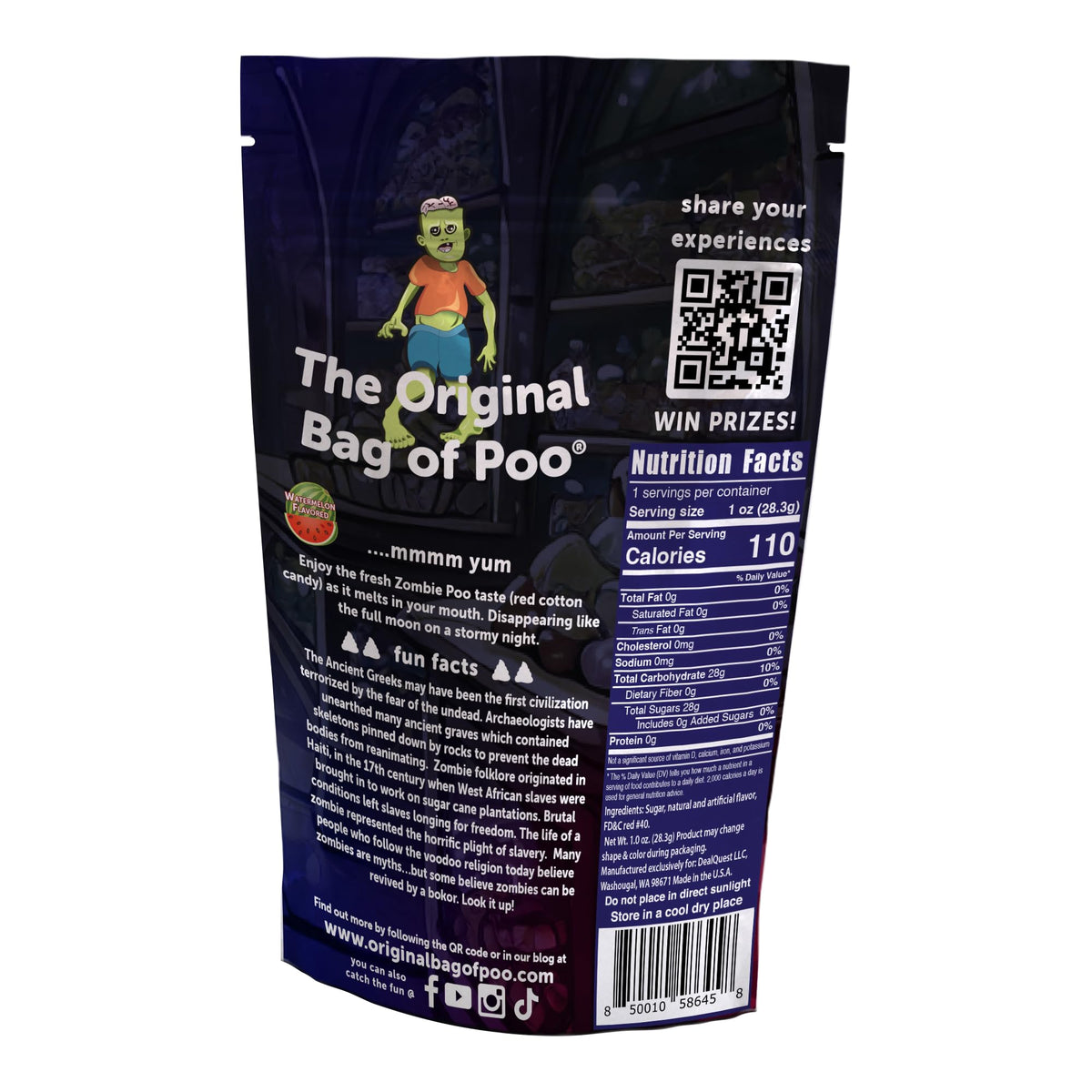 The Original Bag of Poo®, Zombie Poo (Watermelon Flavor Cotton Candy) Novelty Poop Gag Gift. Free sticker inside.