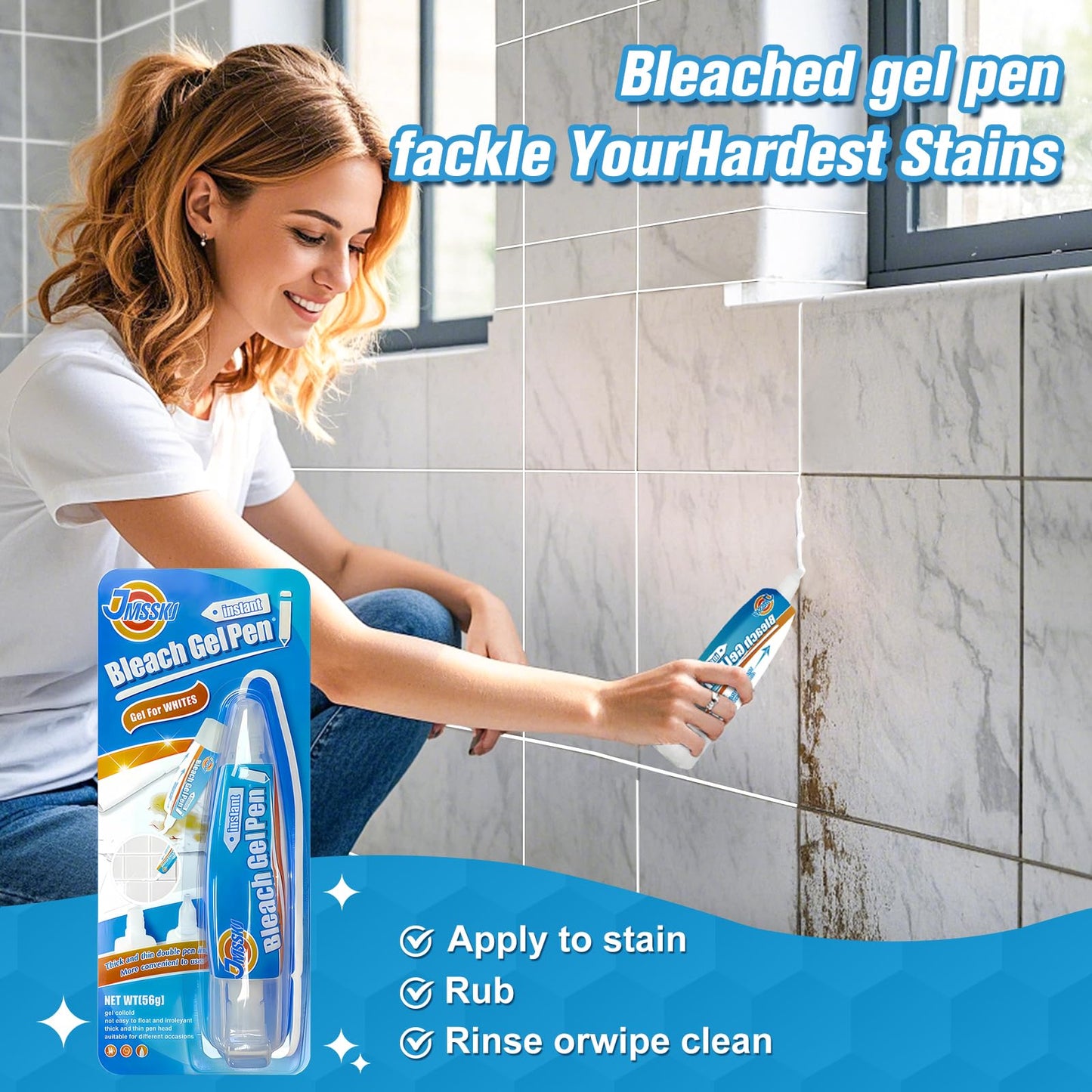 Bleach Pen for Clothes & Grout, 4 in 1 Dual-Tip Stain Remover Gel Pen with Precision Tip & Brush Head, Portable Travel-Size Cleaner for White Laundry
