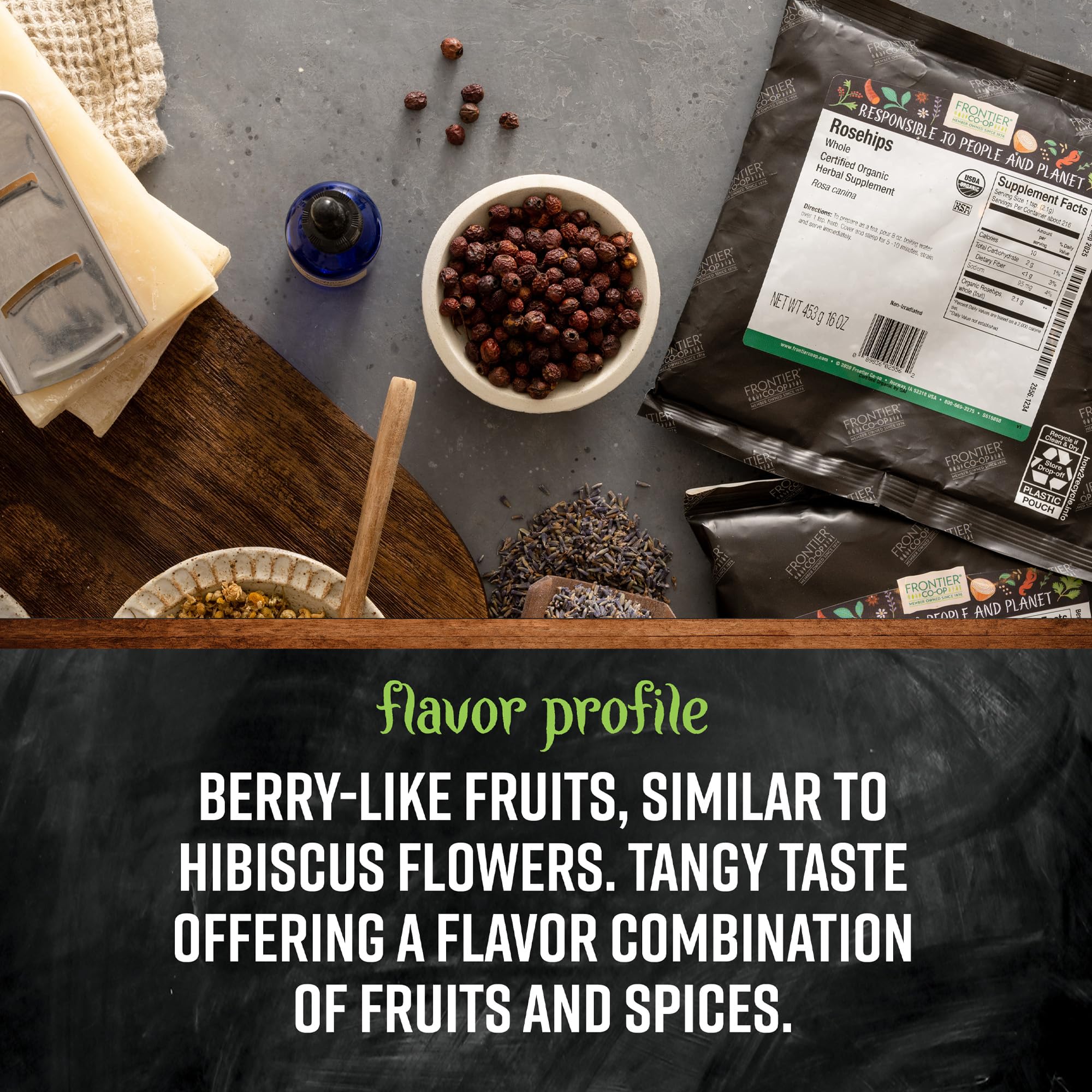 Frontier Co-op Organic Seedless Rosehips, Cut and Sifted - 100% Natural Dried Rose Hips for Rosehip Tea Organic, Powder, Oil - Kosher | 16 Ounce (Pack