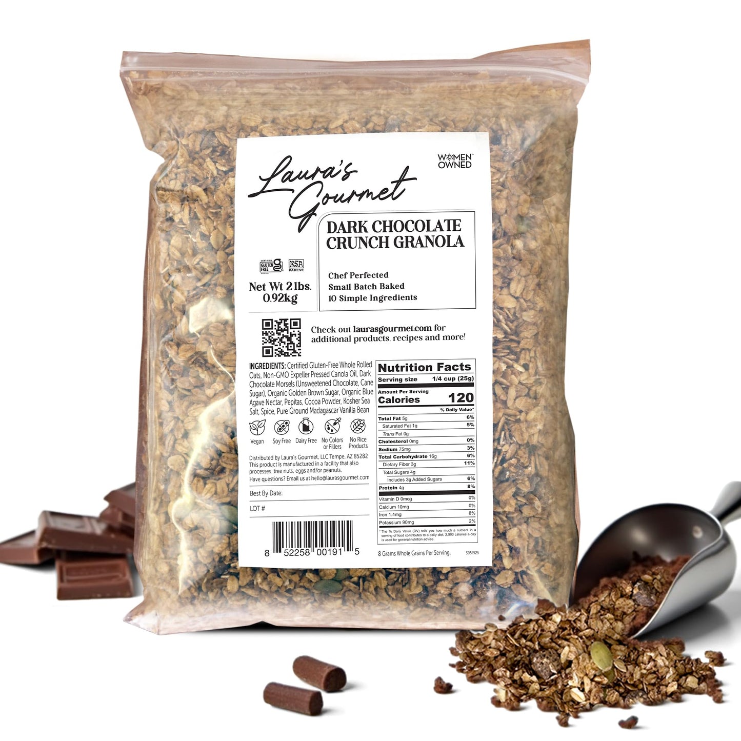 Laura's Gourmet Granola Dark Chocolate Crunch, 2 lb, Gluten-Free Oats, Vegan, Dairy & Soy Free Snack, Organic Agave, Bittersweet Chocolate & Cocoa