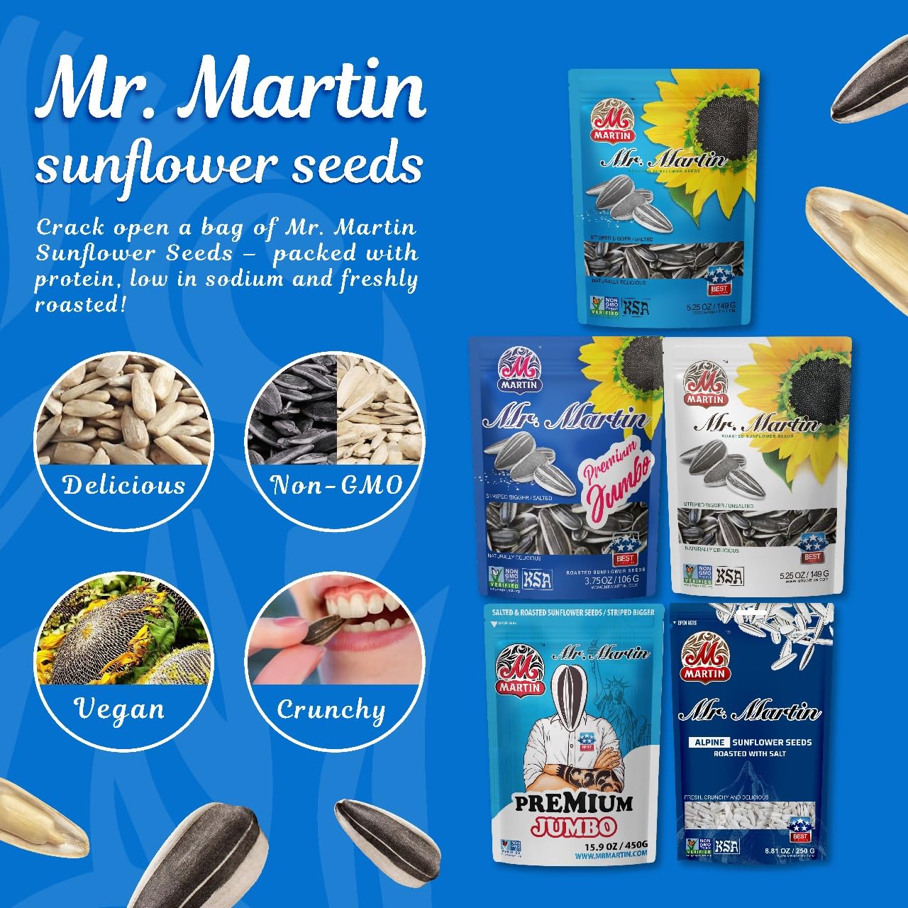 MR. MARTIN Freshly Roasted Unsalted Sunflower Seeds To Eat - Non-GMO, Kosher, Crunchy, Delicious, Vegan, Keto Friendly, Low Sodium Snack - 5.25 Oz, 12