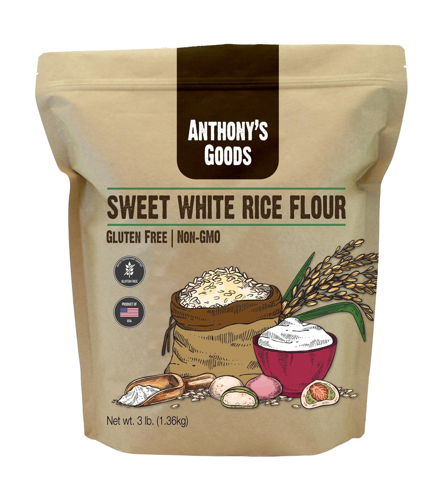 Anthony's Sweet White Rice Flour, 3 lb, Glutinous Rice Flour, Gluten Free, Non GMO, Product of the USA