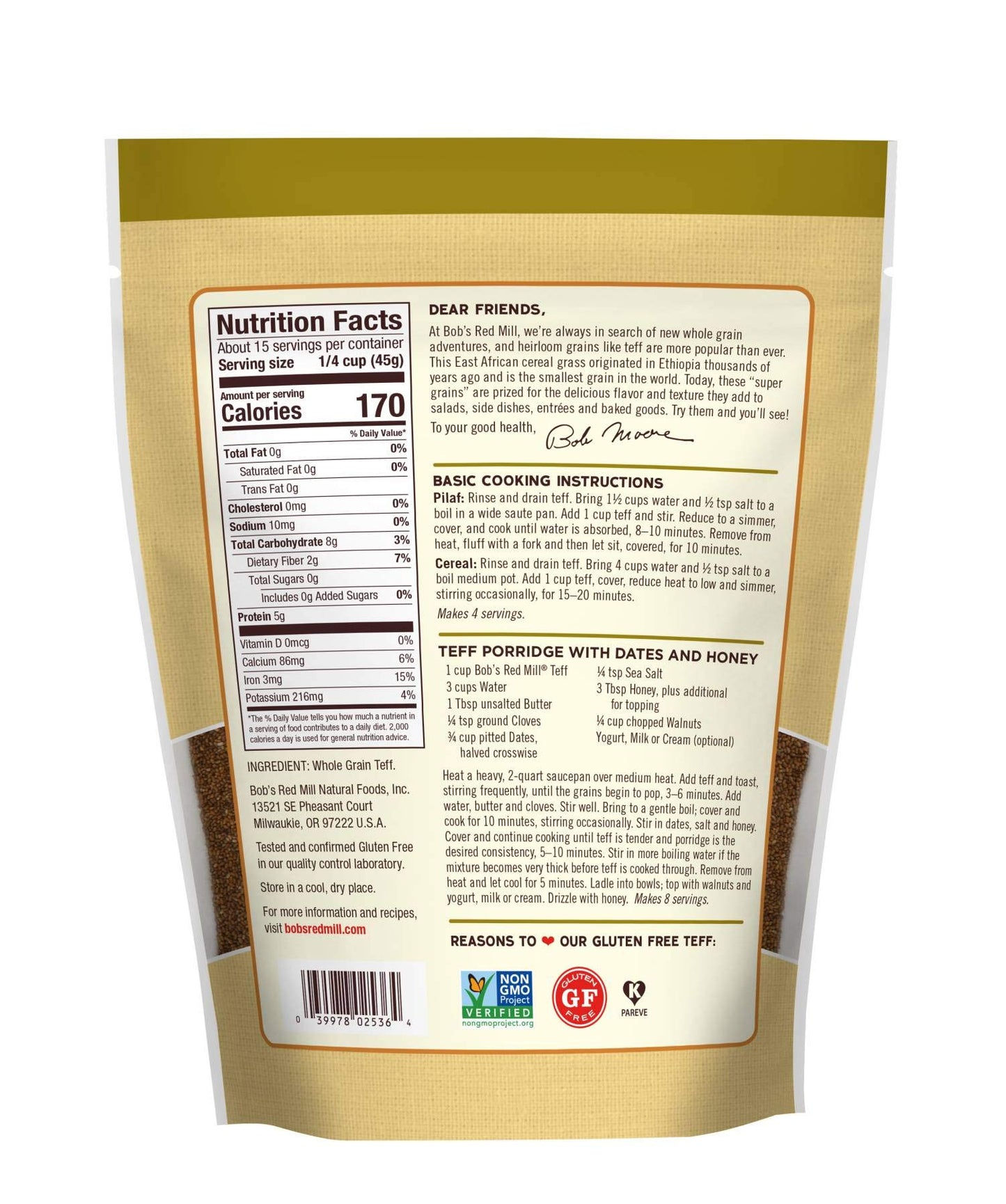 Bob's Red Mill Whole Grain Teff, 24oz (Pack of 1) - Non GMO, Whole Grain, Vegan, Kosher