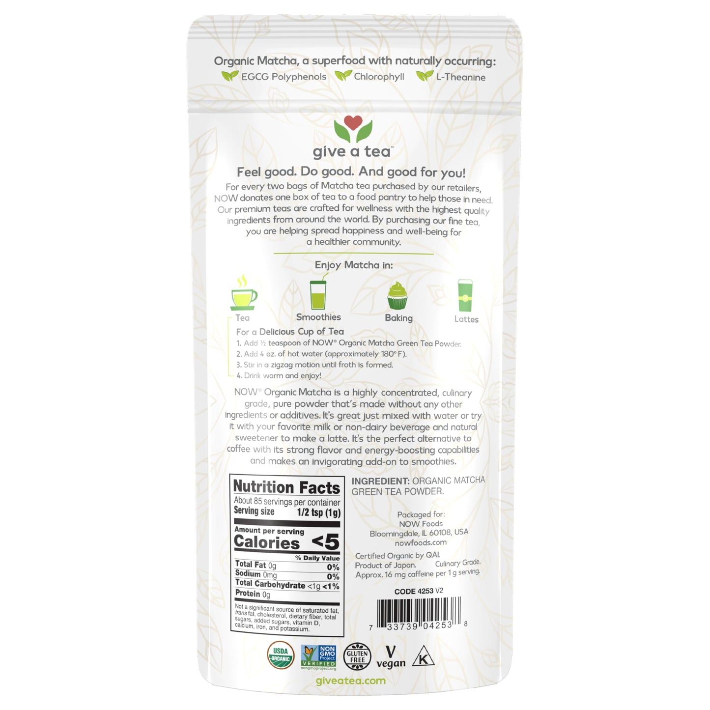 NOW Foods, Certified Organic Matcha Green Tea Powder, Non-GMO Project Verified, 3-Ounce