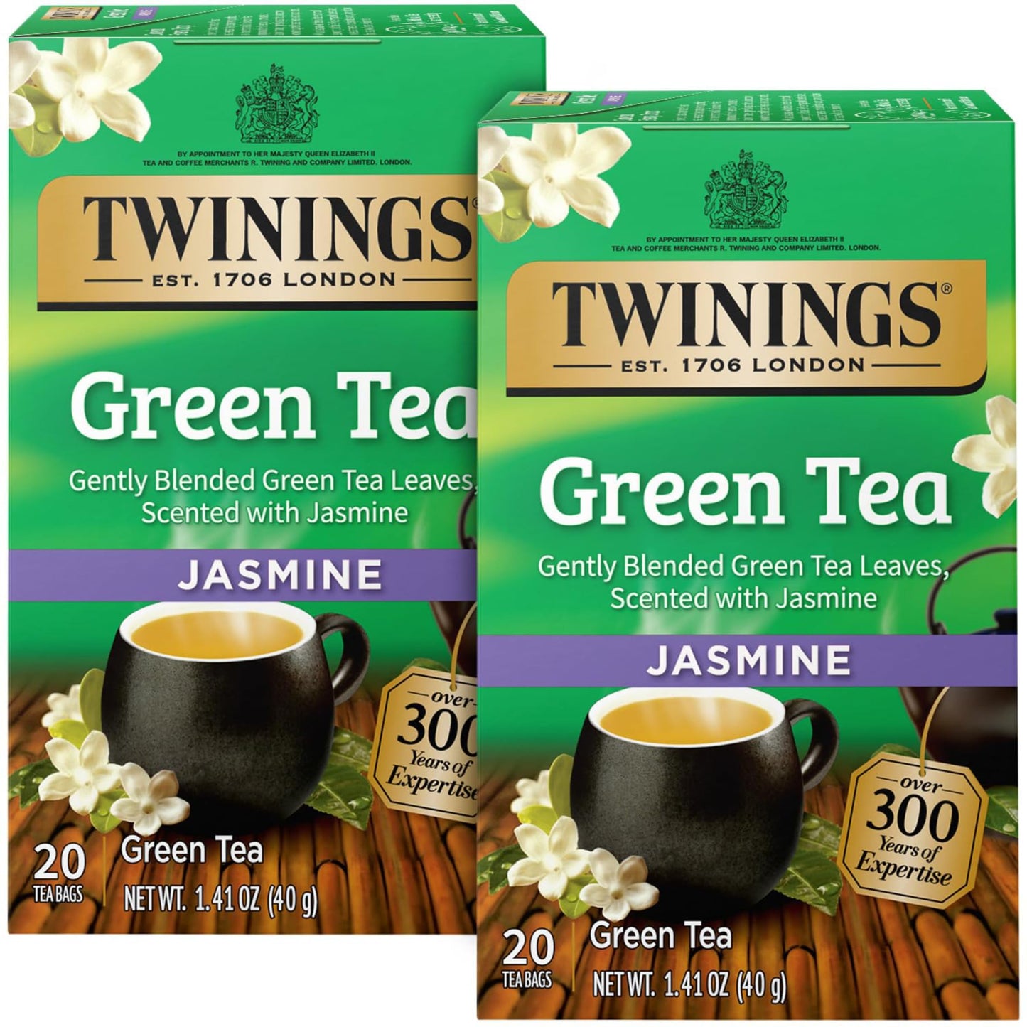 Twinings Green Tea With Jasmine, Individually Wrapped Bags, Fragrant Floral Scent, Caffeinated, 20 Count, (Pack of 2)