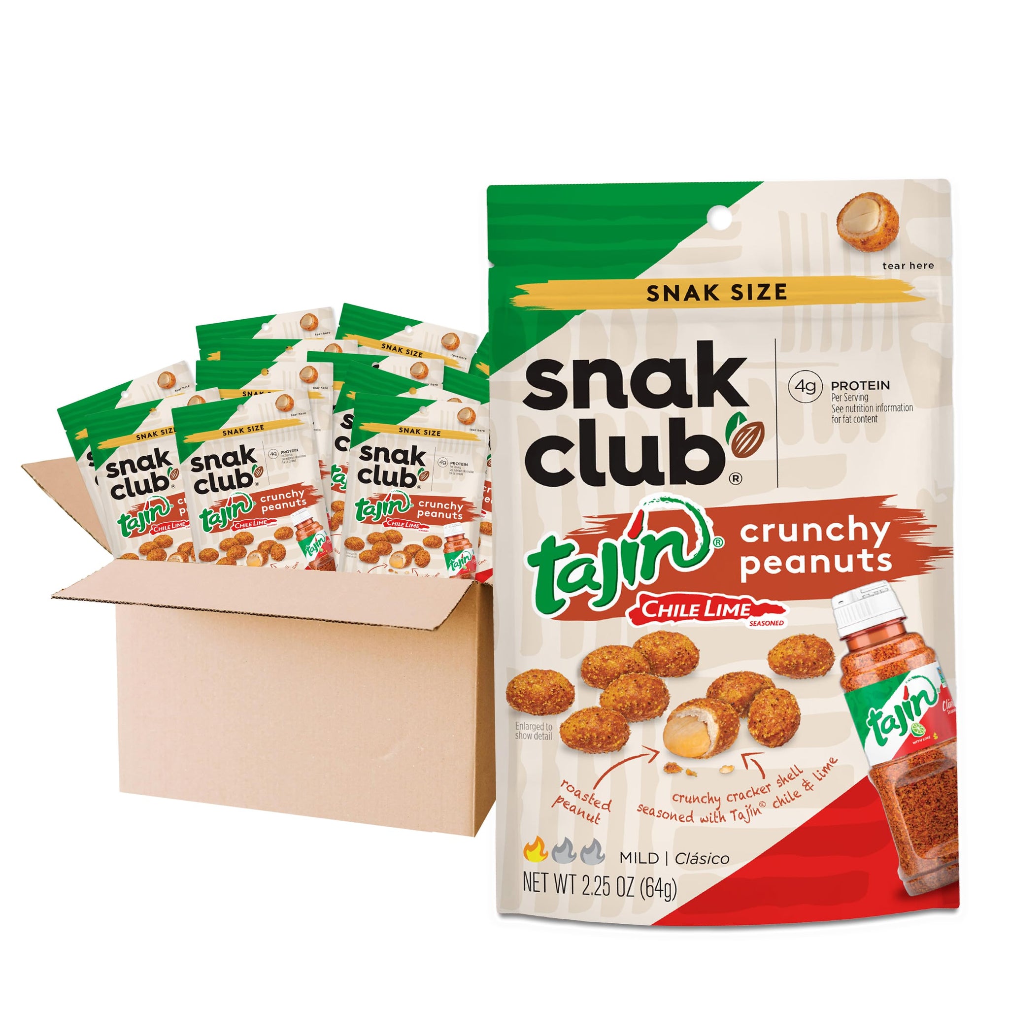 Snak Club Tajin Crunchy Peanuts, Nuts with Chili and Lime Seasoning, Mild, 2.25 oz Snack Bags, 12 Pack