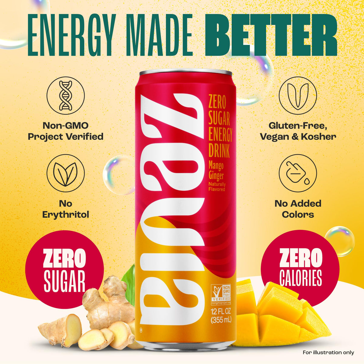 Zevia Zero Sugar Energy Drink, Mango Ginger, 12 oz Cans (12-Pack) - Naturally Sweetened, Zero Calorie Sugar Free Energy - Non-GMO Project Verified