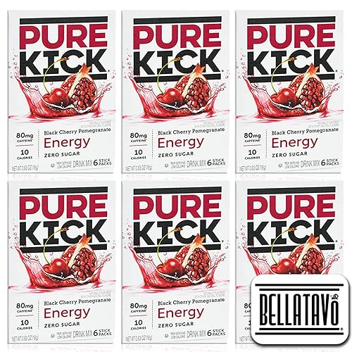 Energy Drink Mix Bundle. Includes Six Boxes of Pure Kick Energy Drink Mix of Black Cherry Pomegranate Flavor. Comes with a BELLATAVO Fridge Magnet!