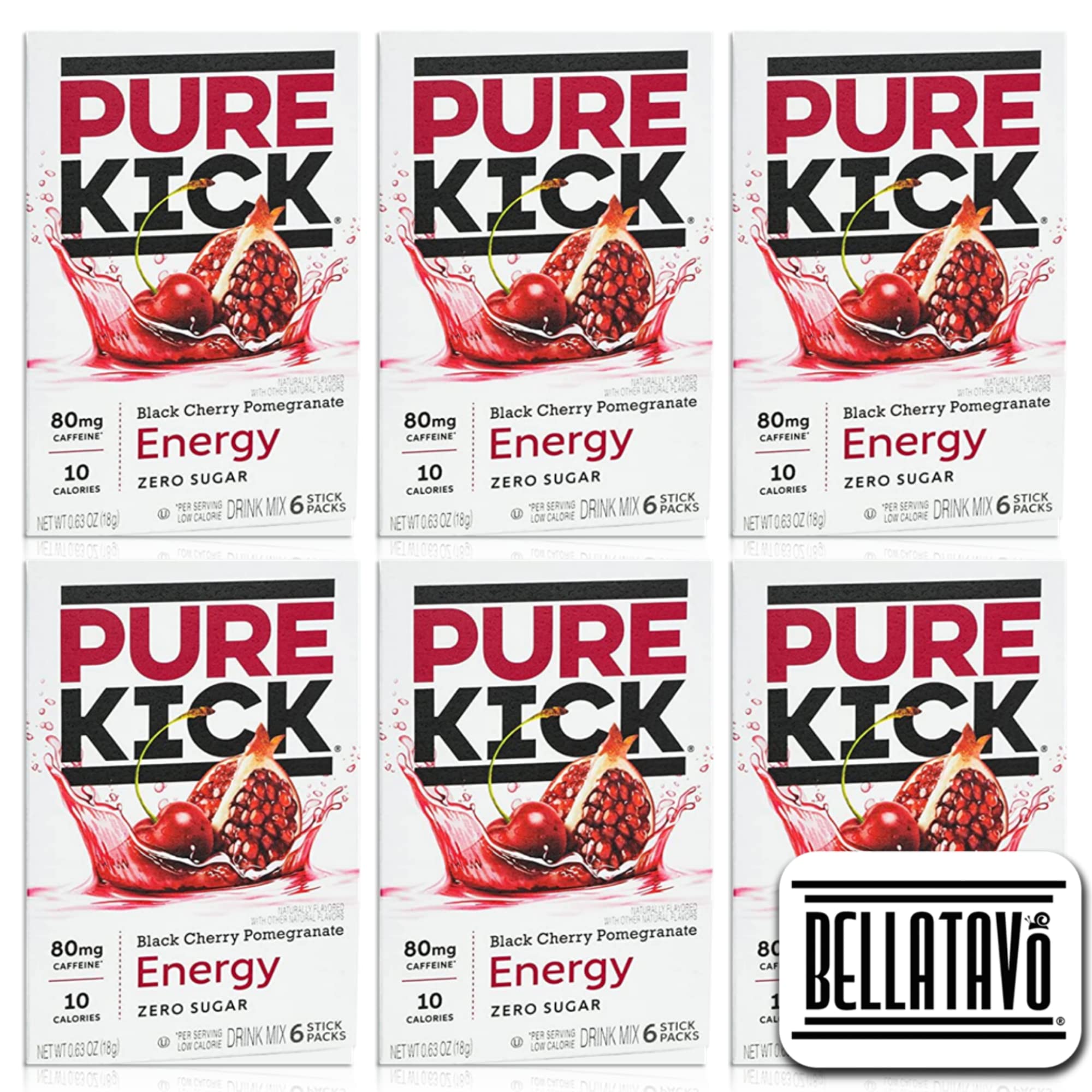 Energy Drink Mix Bundle. Includes Six Boxes of Pure Kick Energy Drink Mix of Black Cherry Pomegranate Flavor. Comes with a BELLATAVO Fridge Magnet!