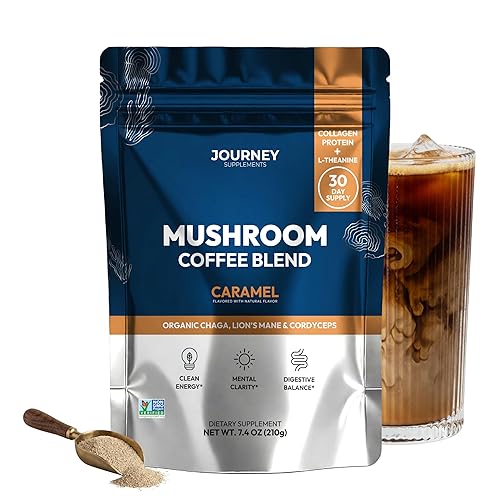 Mushroom Coffee with Collagen - Caramel Blend - Adaptogenic Instant Coffee for Energy, Focus, & Mental Clarity - Enhanced with Lion’s Mane, Chaga