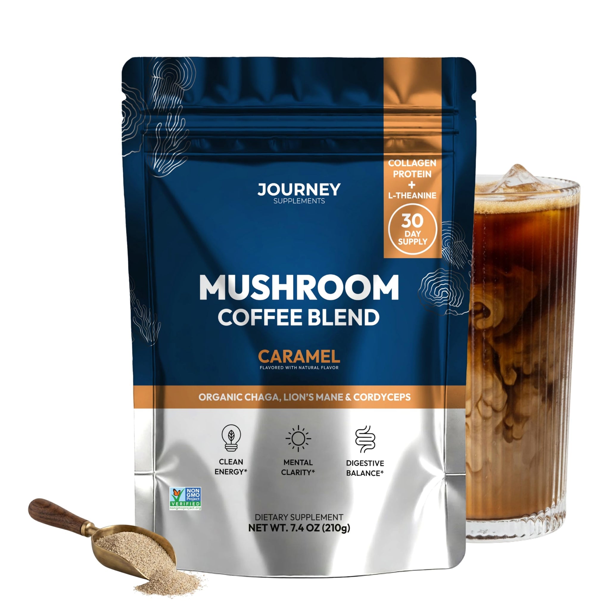 Mushroom Coffee with Collagen - Caramel Blend - Adaptogenic Instant Coffee for Energy, Focus, & Mental Clarity - Enhanced with Lion’s Mane, Chaga