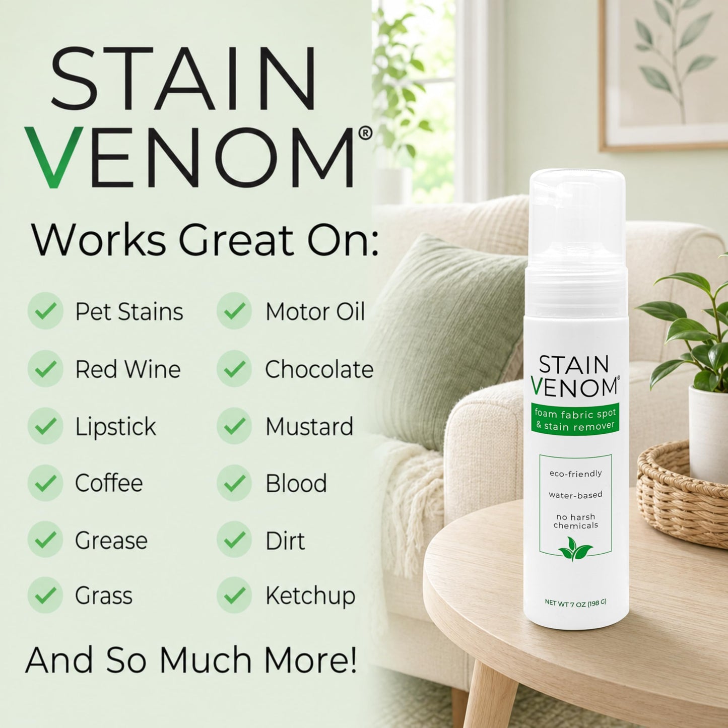 Stain Venom Foam Multi-Use Laundry and Fabric Stain Remover - 7 oz Bottle - Free From PFAAS, PFOS, PFOA, VOC’s, And 1,4 Dioxane- Works On Fresh Pet