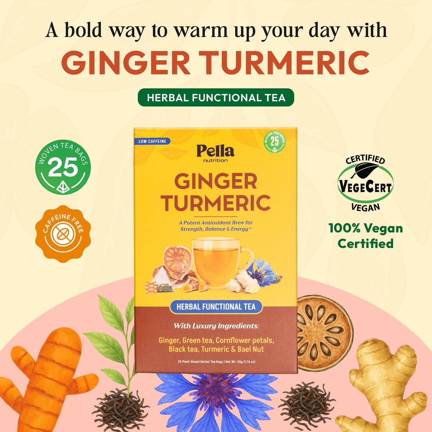 Ginger Turmeric with Black & Green Tea - Blended with Bael Nut & Cornflower Petals - Vegan, Kosher, Non-GMO Low Caffeine - Hot or Iced Herbal Drink