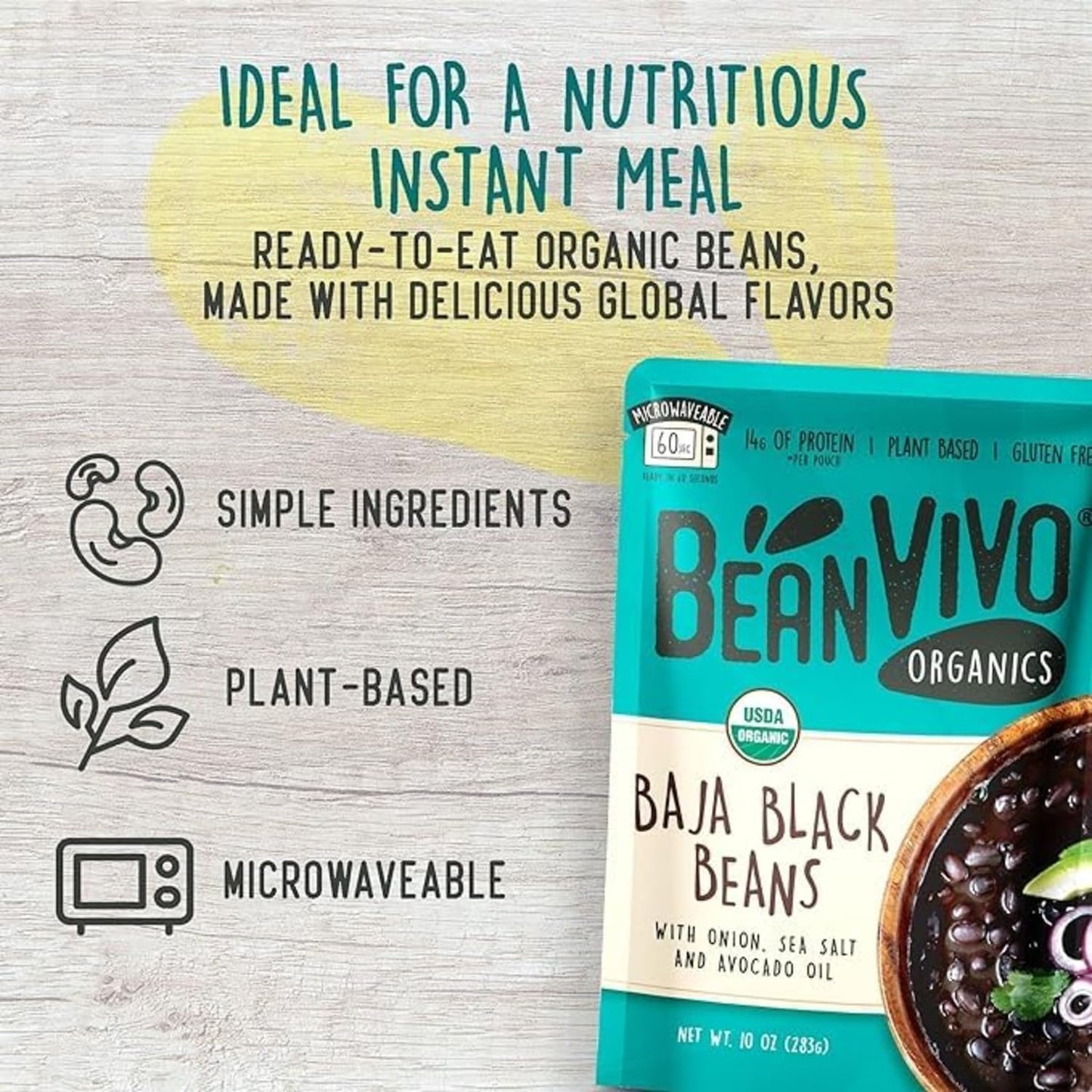 BeanVIVO (Pack of 3) Organics 14g Plant based Protein Baja Black Beans - Good Source of Fiber - Nutritious & Microwave Meals - Gluten-Free Plant Food