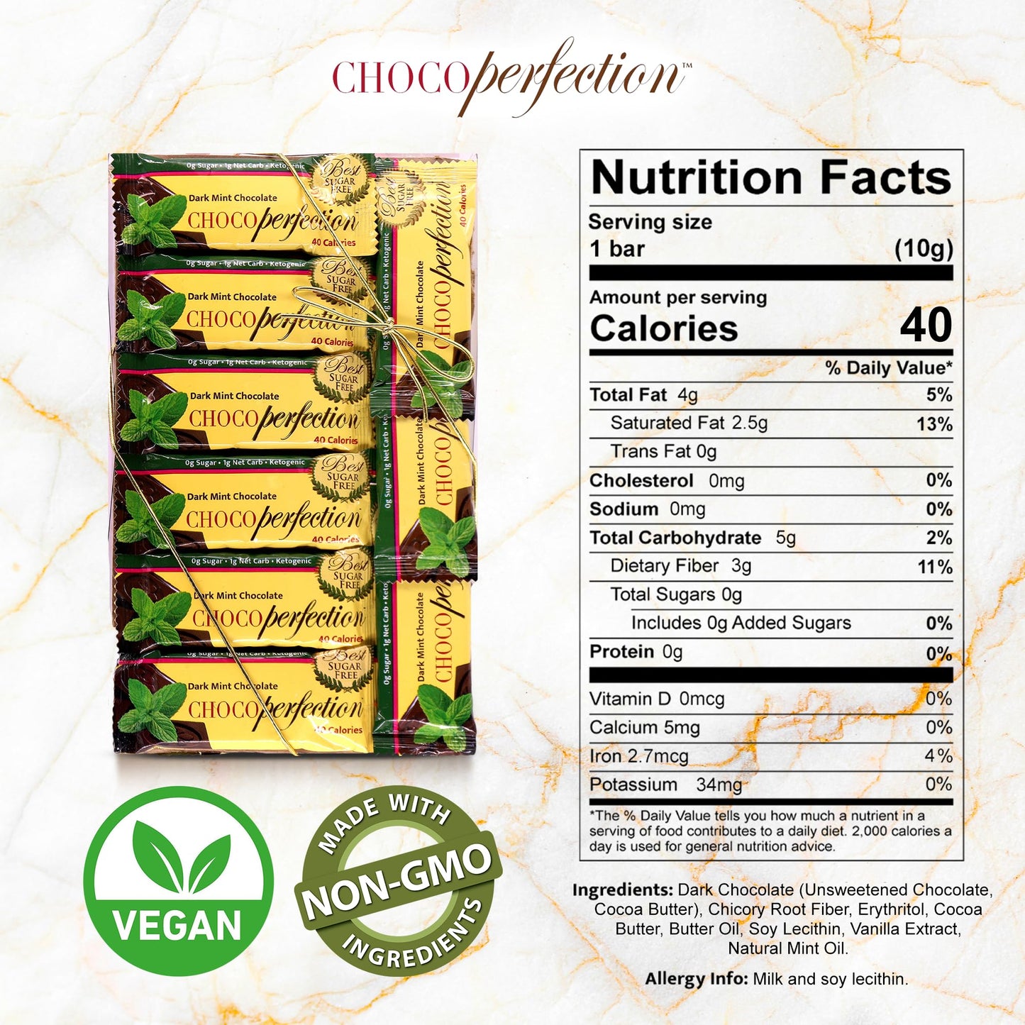 ChocoPerfection Sugar Free Dark Mint Chocolate Bars - Individually Wrapped Mini Bars European Style Dark Chocolate, Refreshing Mint Flavor Keto