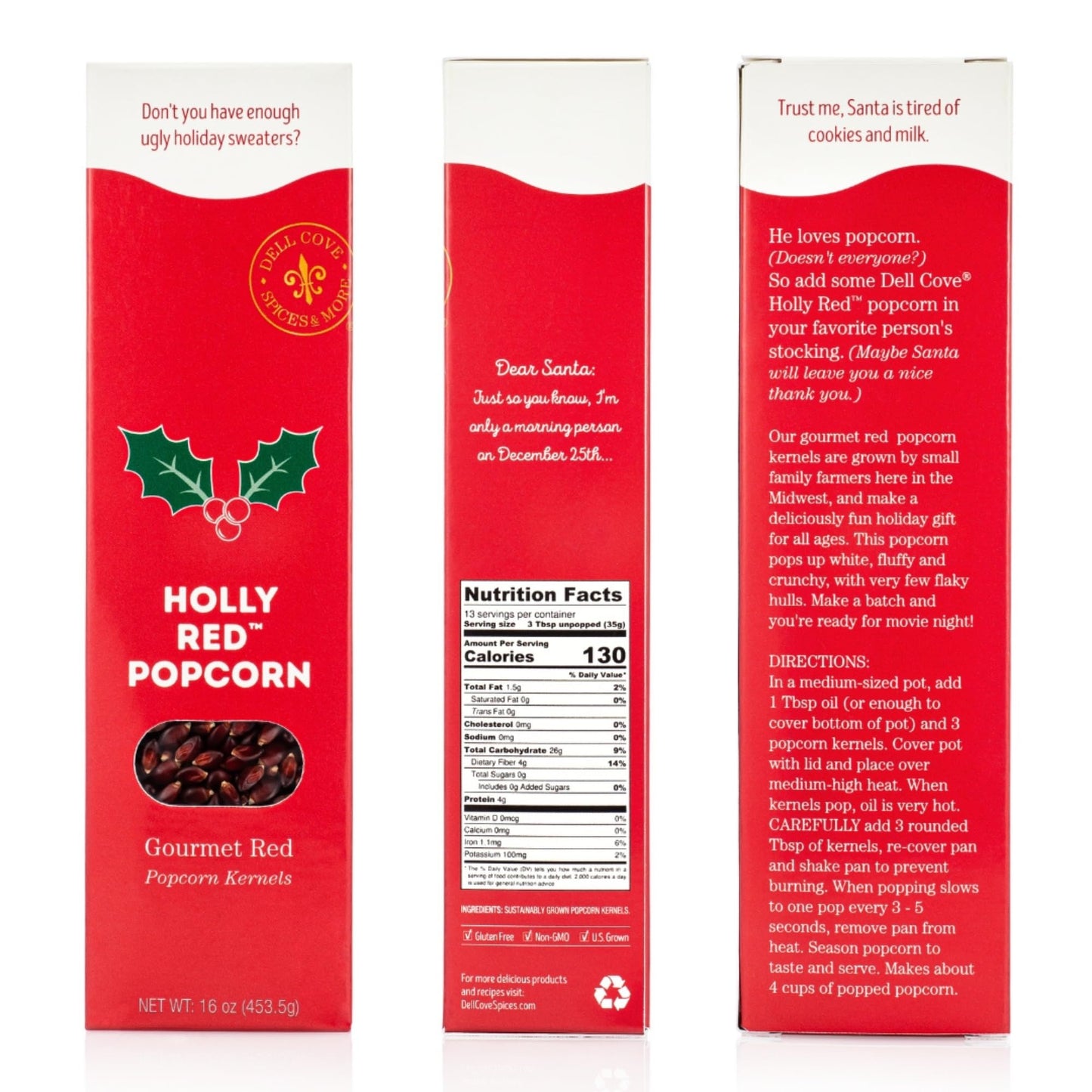 Holly Red Popcorn Kernels - Dell Cove Spices - Unique Christmas Holiday Popcorn Gift for Gourmet Popcorn Lovers - X-Mas Movie Night Unpopped Kernels