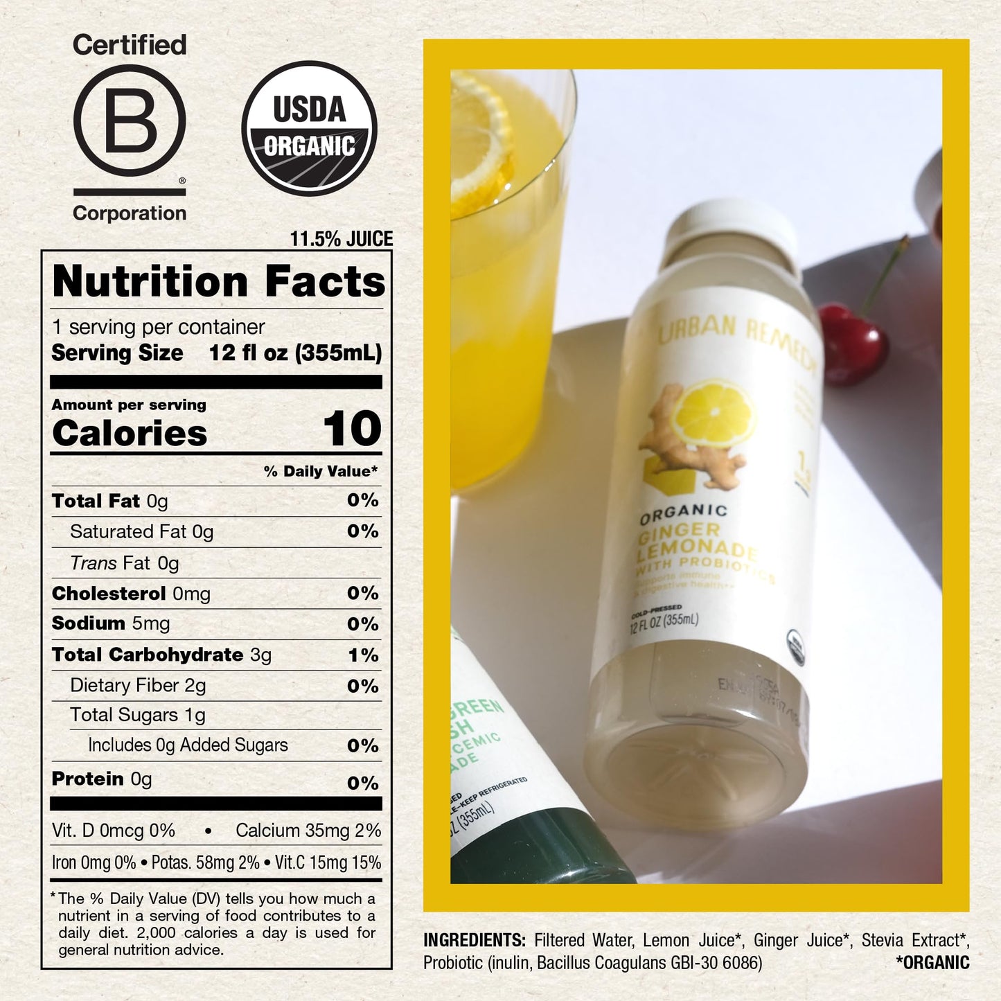 Urban Remedy Organic Ginger Lemonade, Low Glycemic Lemon Drink with Probiotics & Vitamin C, Immune & Digestive Support, Vegan, Gluten-Free, Non-GMO
