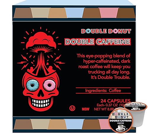 Double Donut Coffee High Caffeine Coffee Pods, Extra Strong Double Caffeine Coffee Cups for Keurig K Cup Brewer Machines Single Serve Dark Roast