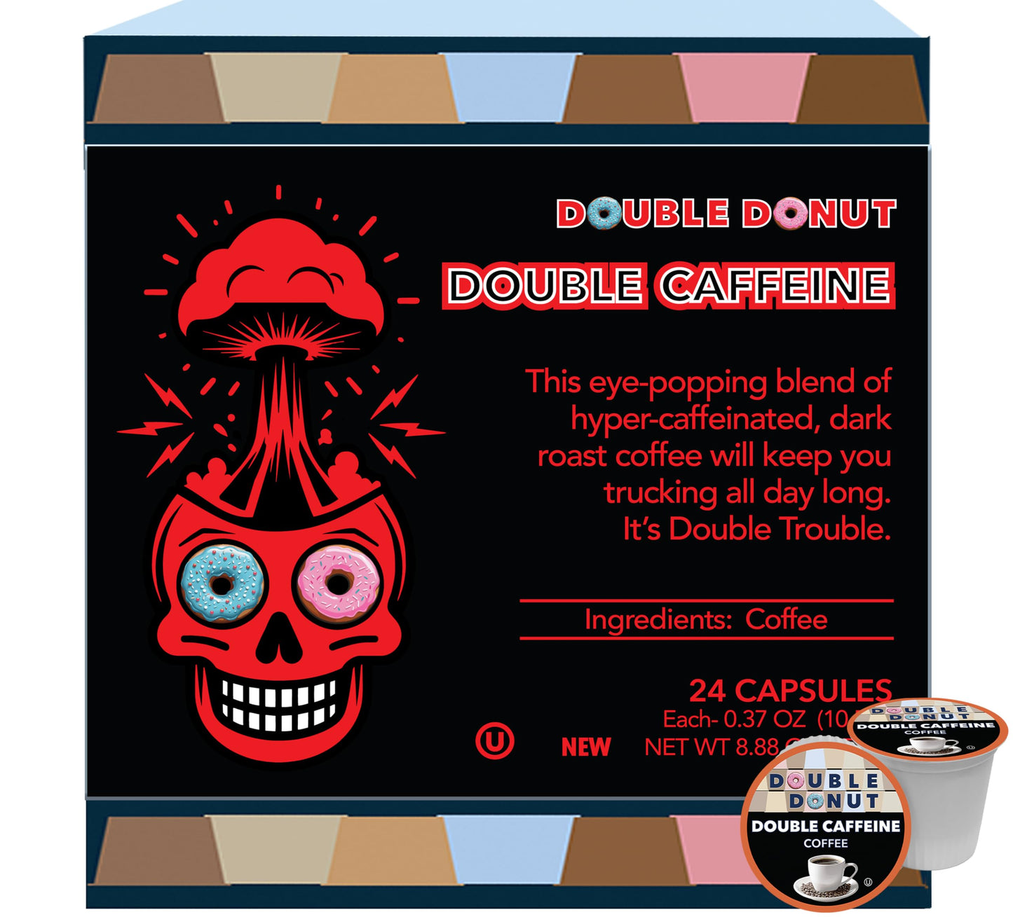 Double Donut Coffee High Caffeine Coffee Pods, Extra Strong Double Caffeine Coffee Cups for Keurig K Cup Brewer Machines Single Serve Dark Roast