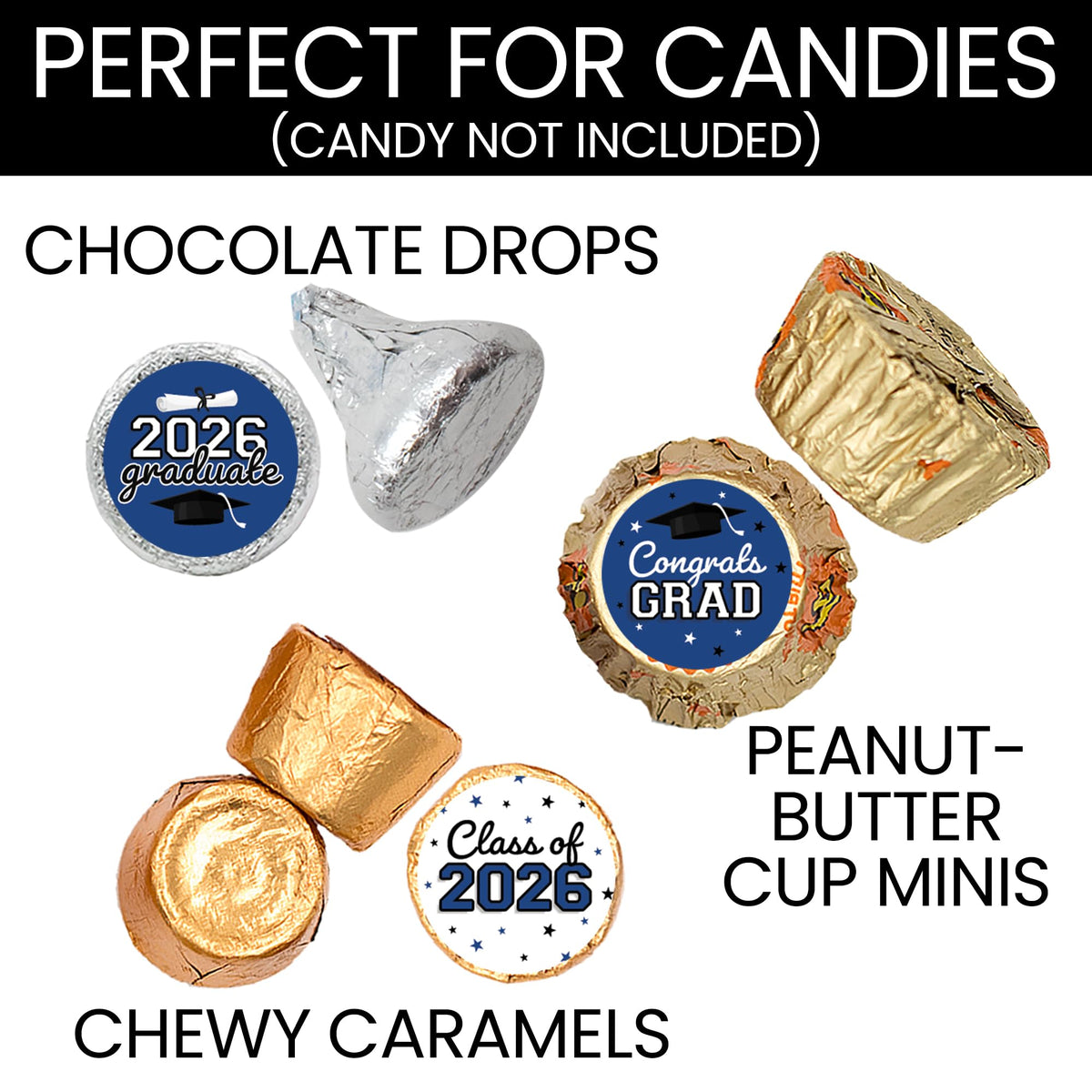 DISTINCTIVS Class of 2026 Graduation Candy Stickers for Chocolate Drops, Blue Grad Party Favors - 216 Count