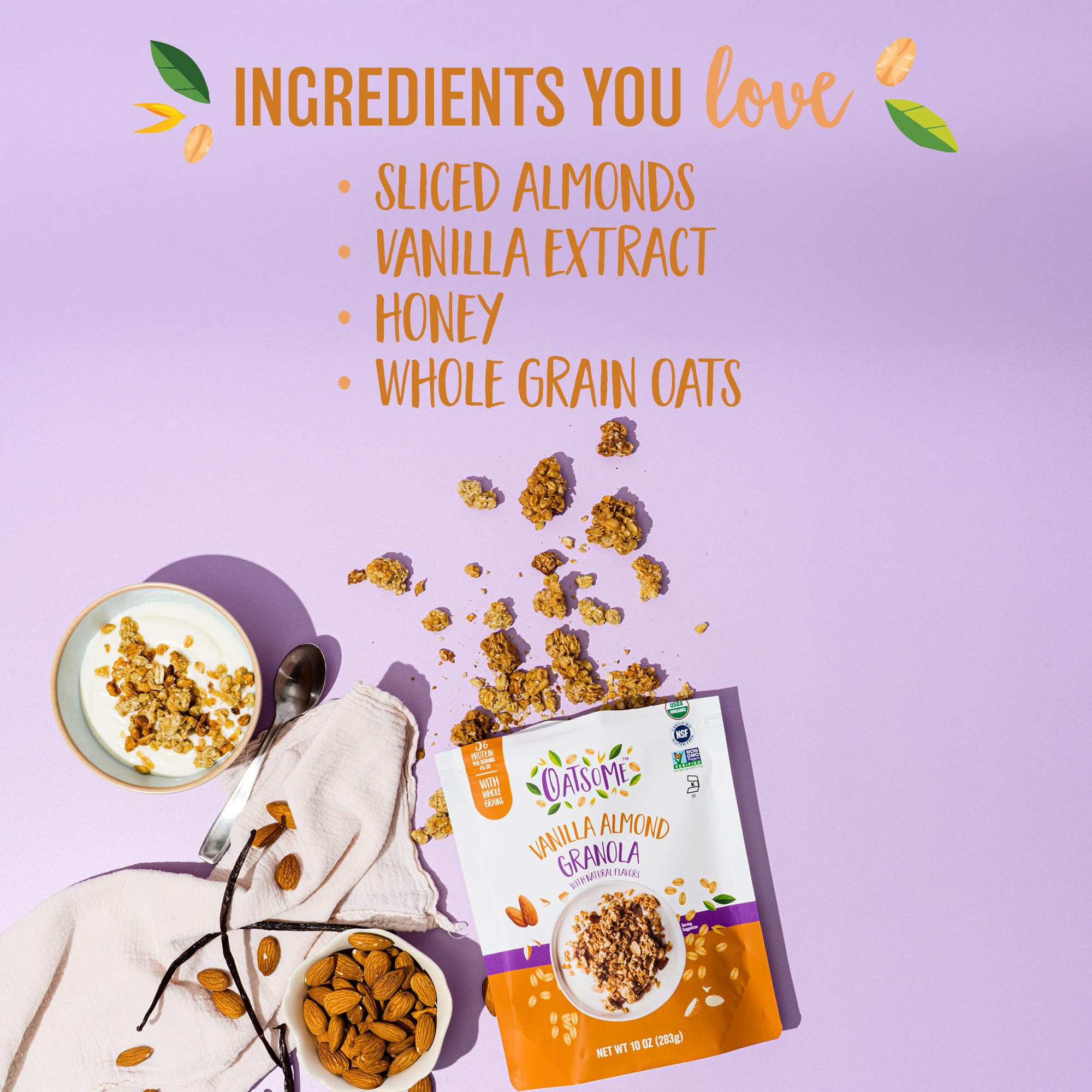 Oatsome Vanilla Almond Granola, Gluten Free, Non-GMO, 5g Protein, Made with Whole Grain Organic Oats, Honey, Almonds, & Vanilla, for Protein Snacks