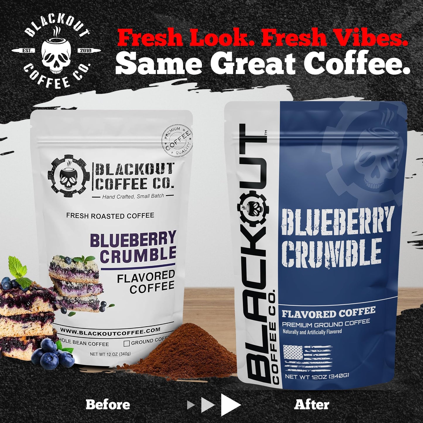 Blackout Coffee Blueberry Crumble Flavored Ground Coffee - Medium Roast, Smooth Taste, Guilt-Free Indulgence - Freshly Roasted 12oz Bag
