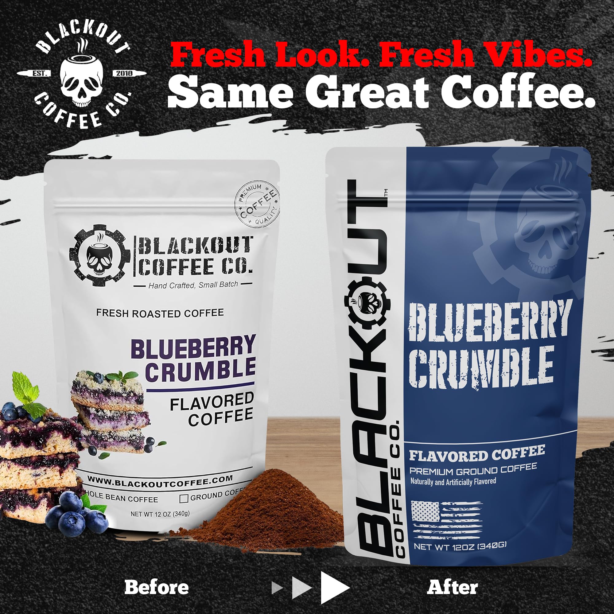 Blackout Coffee Blueberry Crumble Flavored Ground Coffee - Medium Roast, Smooth Taste, Guilt-Free Indulgence - Freshly Roasted 12oz Bag