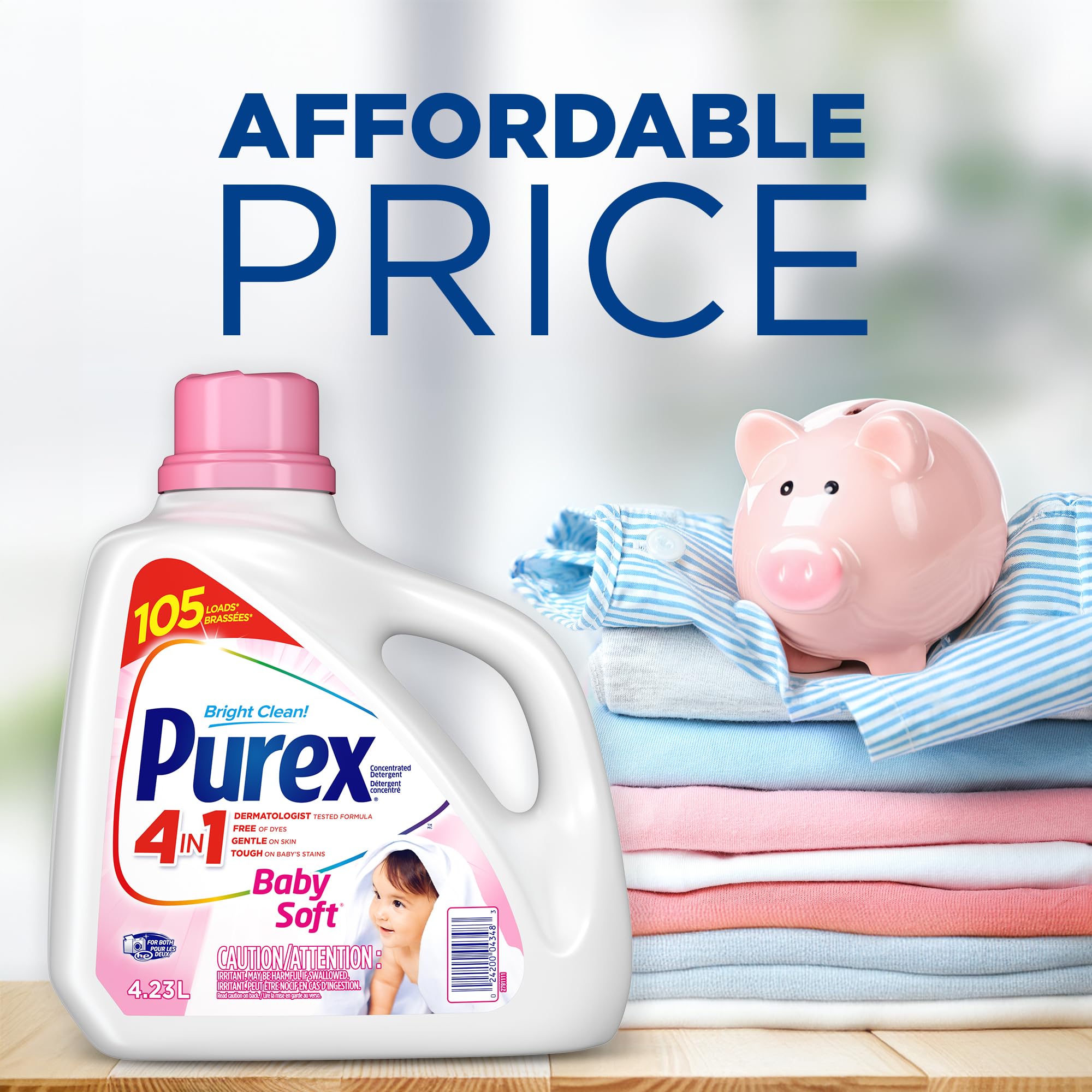 Purex 2582205 Purex Baby Soft, Hypoallergenic Liquid Laundry Detergent, 4.23L, 105 Loads, Blue