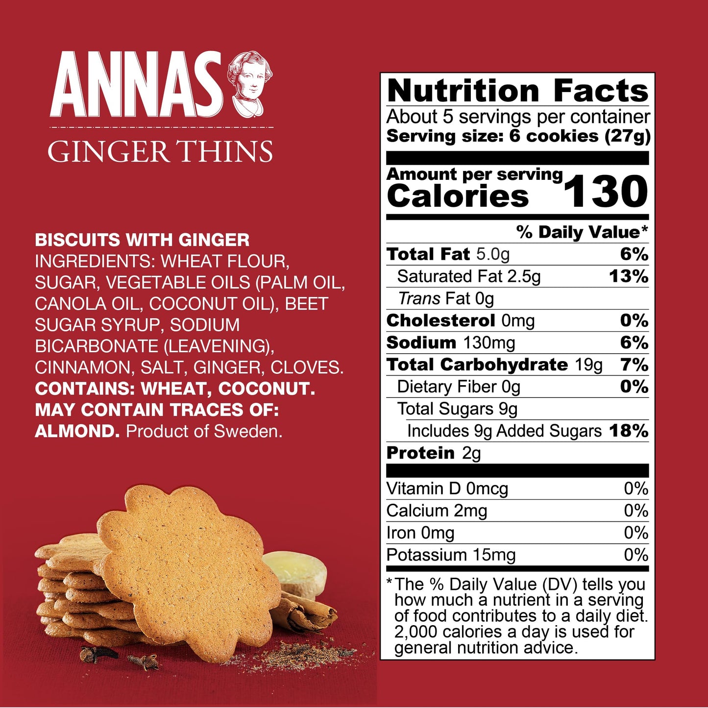 Annas Thins - Ginger Pepparkakor - 5.25 Ounce (Pack of 12) non GMO + Vegan