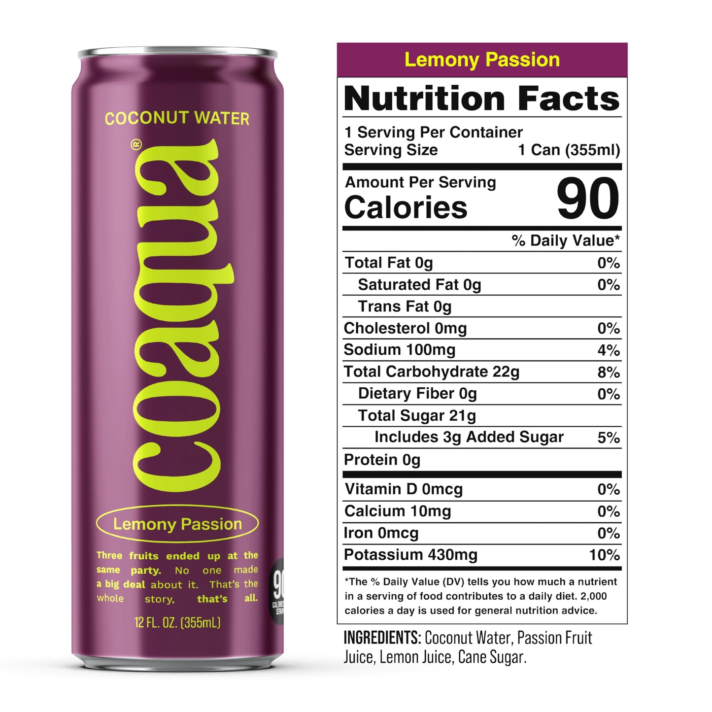 Coaqua Lemony Passion Coconut Water (12 Pack), Naturally Sweet Electrolyte Drink with Passion Fruit & Lemon Juice - Supports Immunity, Digestion