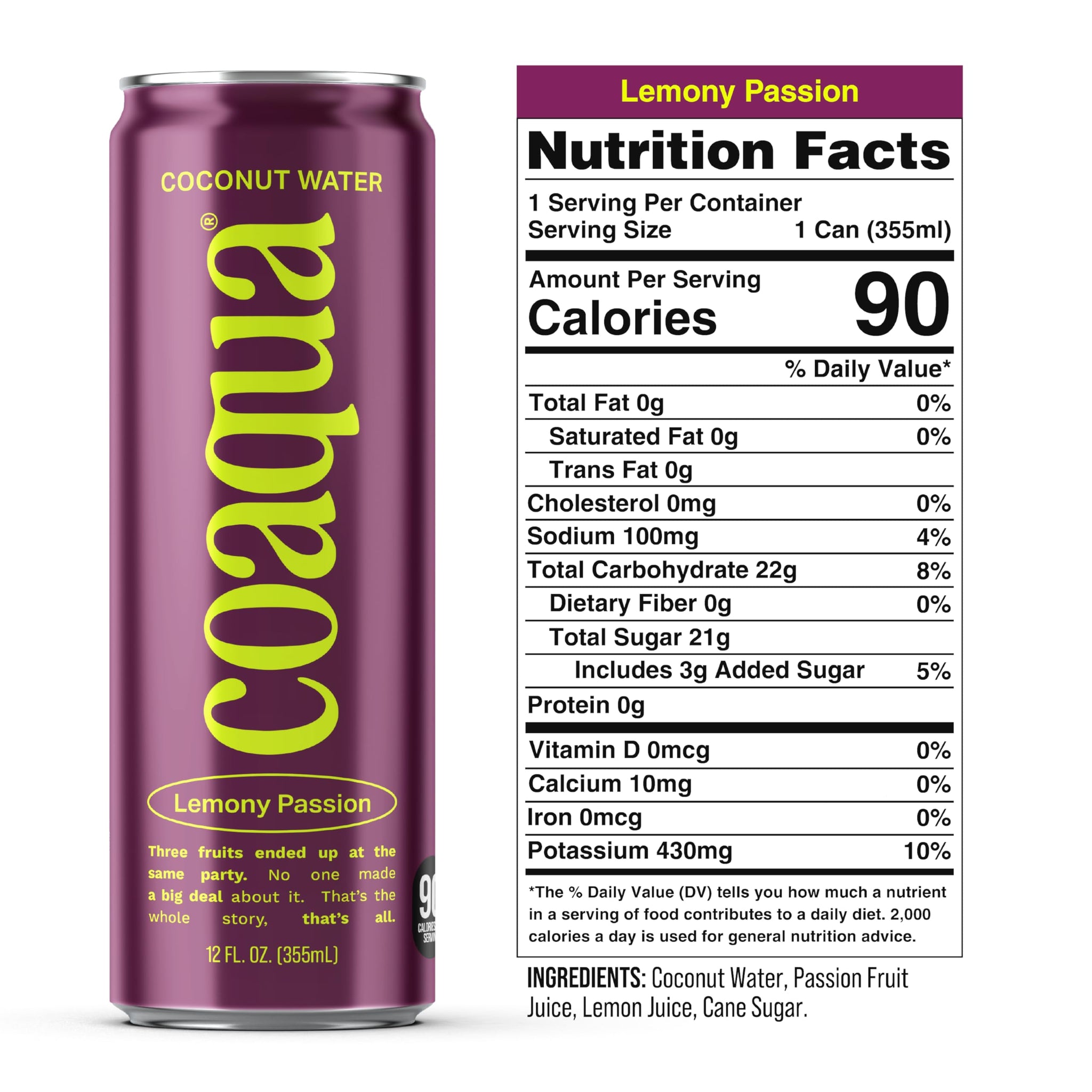 Coaqua Lemony Passion Coconut Water (12 Pack), Naturally Sweet Electrolyte Drink with Passion Fruit & Lemon Juice - Supports Immunity, Digestion