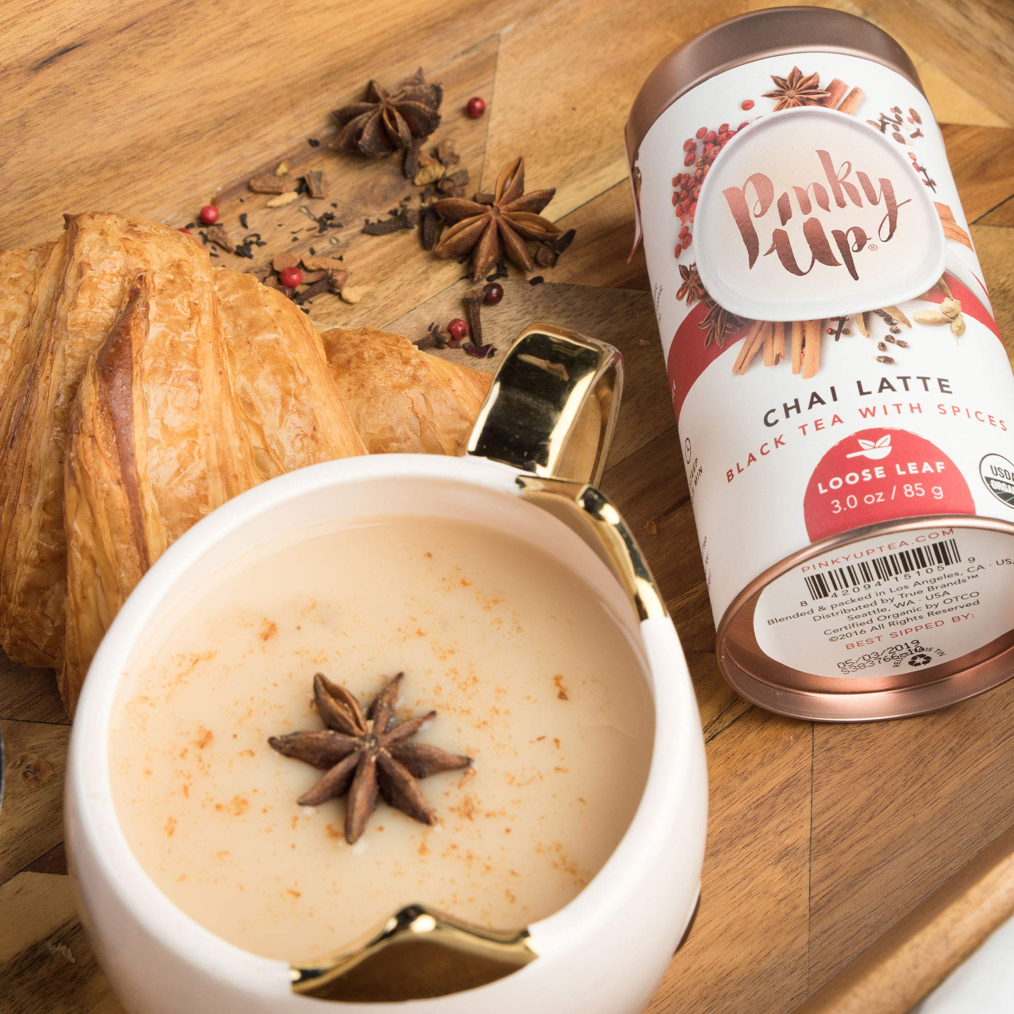 Pinky Up Organic Chai Latte Tea - Whole Leaf Organic Black Tea, 40-60mg Caffeine Per Serving, Naturally Calorie Free & Gluten Free Flavored Tea, 3 Oz