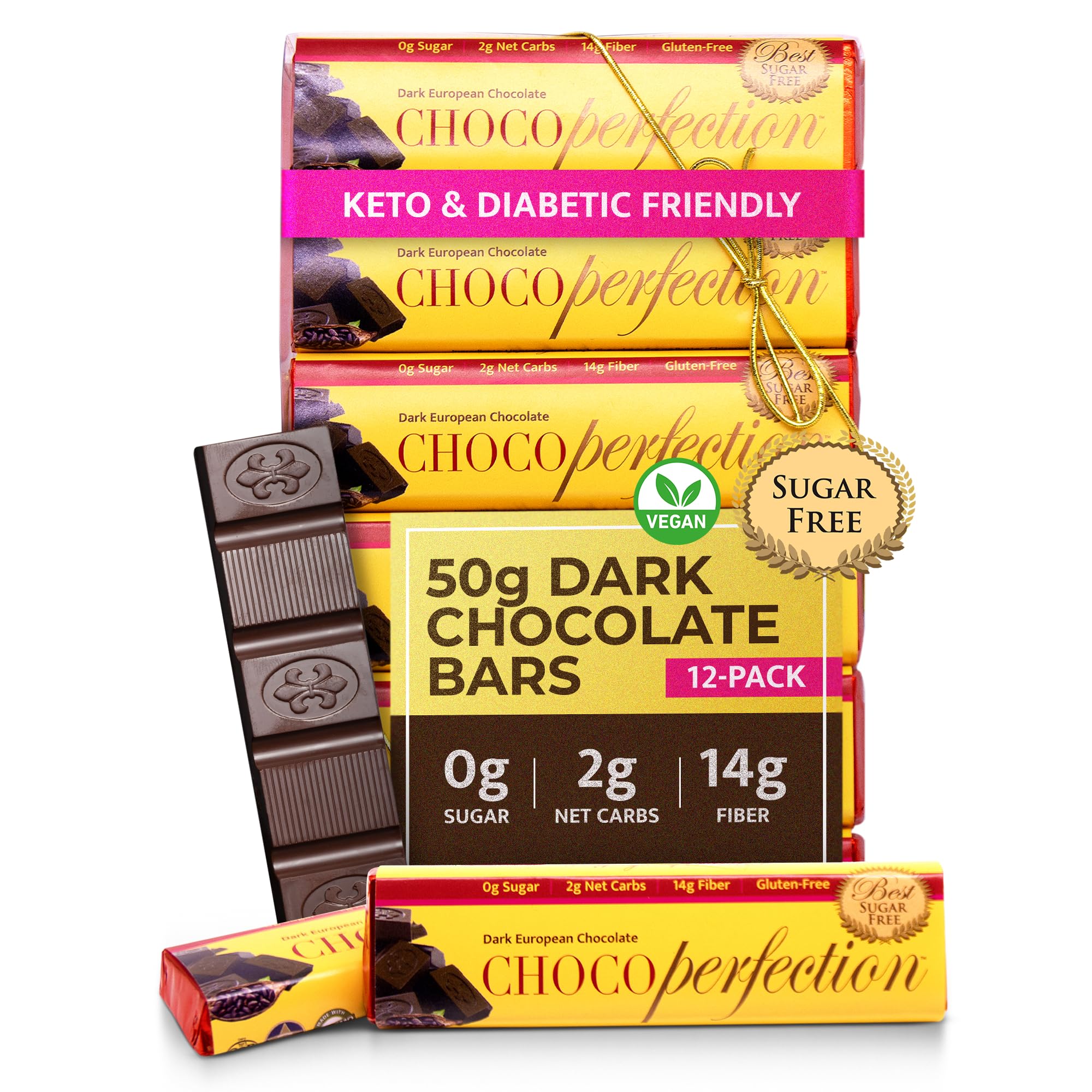 ChocoPerfection Sugar Free Dark Chocolate Bars - European Style Chocolate Keto Friendly, Gluten Free Vegan, Fiber Rich Low Carb Chocolate Snack Bars