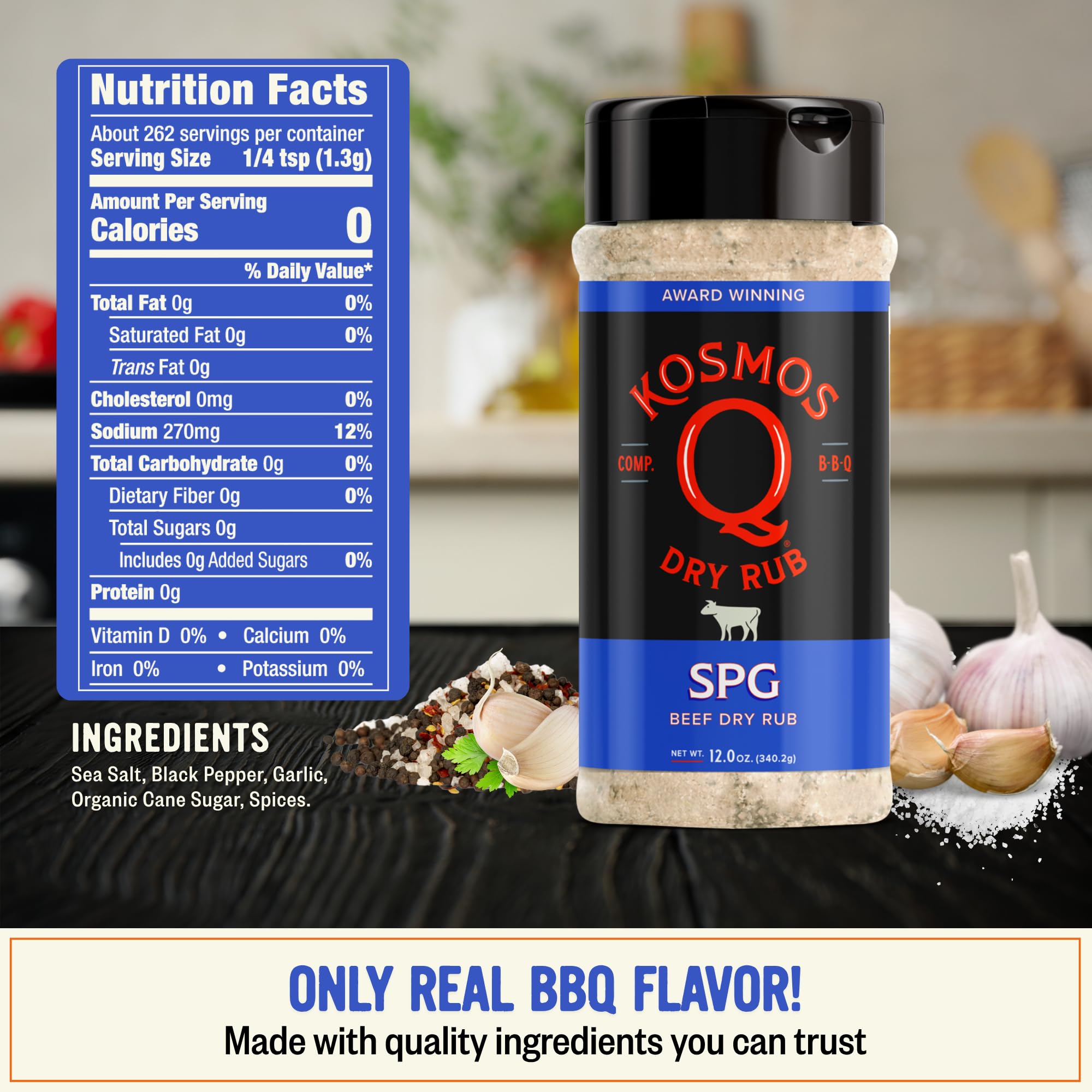 Kosmos Q SPG BBQ Dry Rub, Bold Salt Pepper Garlic Blend with Organic Cane Sugar, BBQ Seasoning for Brisket, Chicken, Steak, Ribs, Pork, Seafood