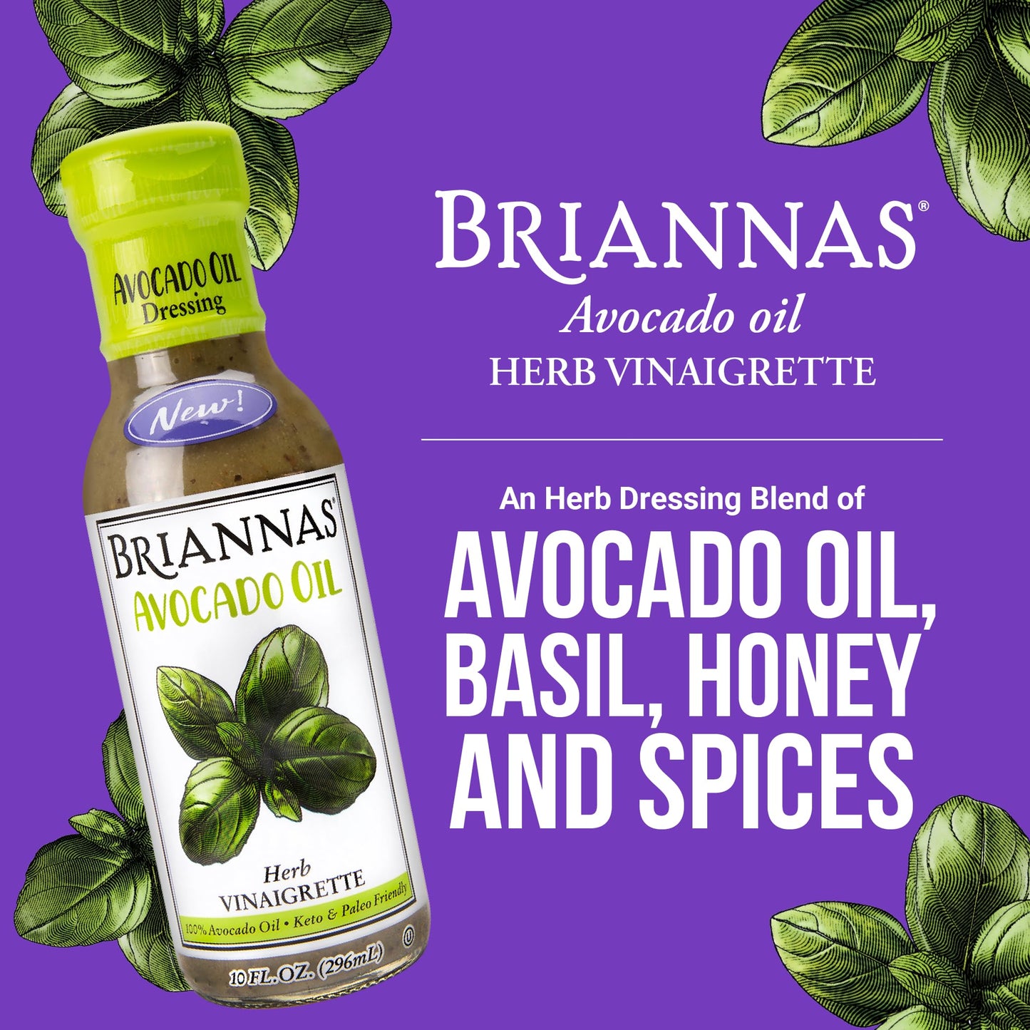 BRIANNAS - Avocado Oil Herb Vinaigrette Dressing - Nutrient Rich, Low Sodium, Keto & Paleo Friendly Salad Dressing made with 100% Avocado Oil - 10 oz