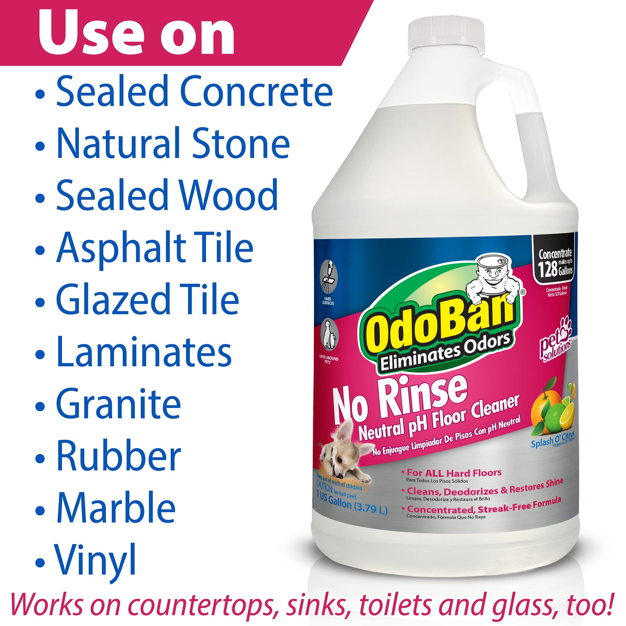 OdoBan Pet Solutions No Rinse Neutral pH Floor Cleaner Concentrate, 3 Gallons, Splash O' Citrus Scent