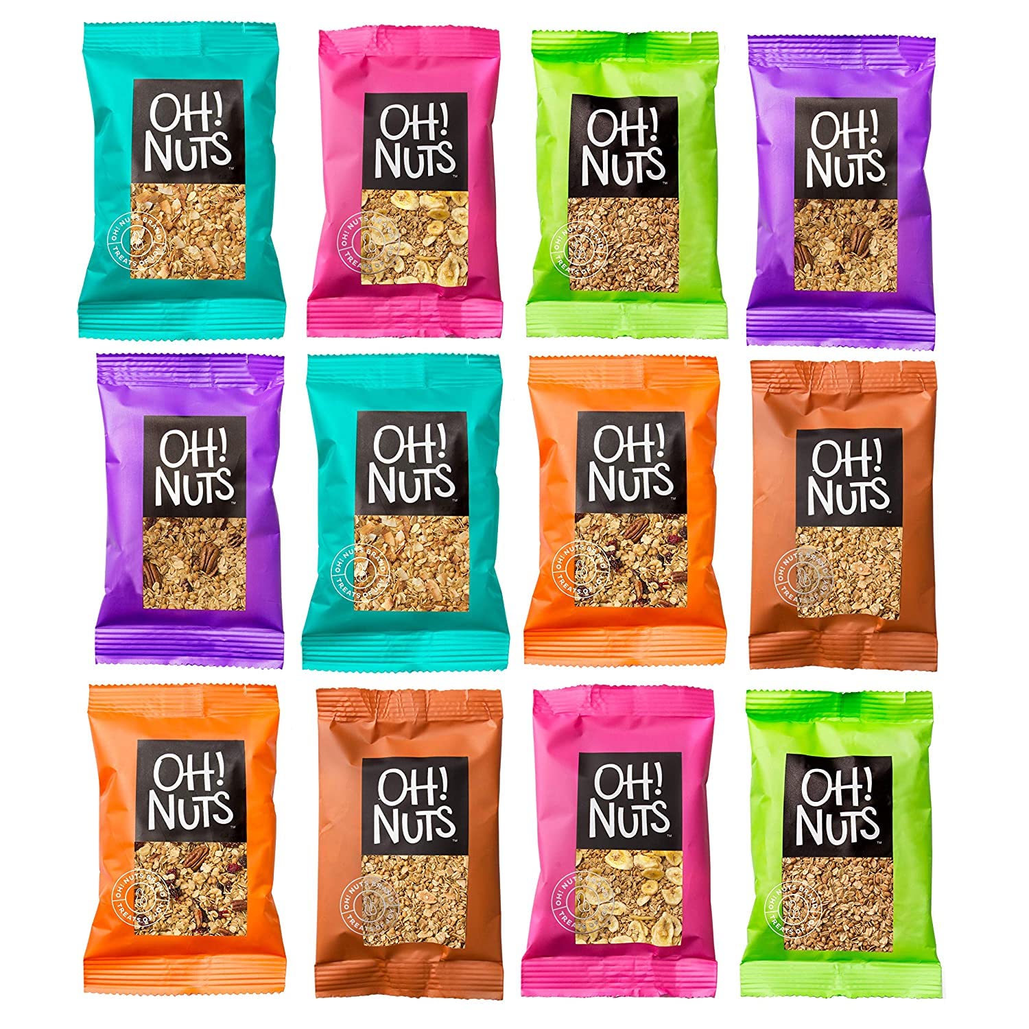 Oh! Nuts Granola Single Serve Grain Breakfast Cereal Snack Pack Size On The Go Good Source of Fiber and Protein Assorted Mix Healthy & Kind to your