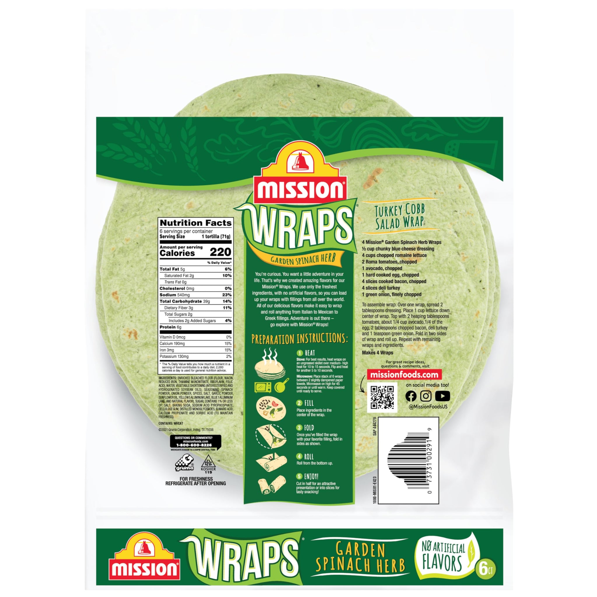 Mission Garden Spinach Herb Wraps, Soft Veggie Wraps, 6 Count, Trans Fat Free