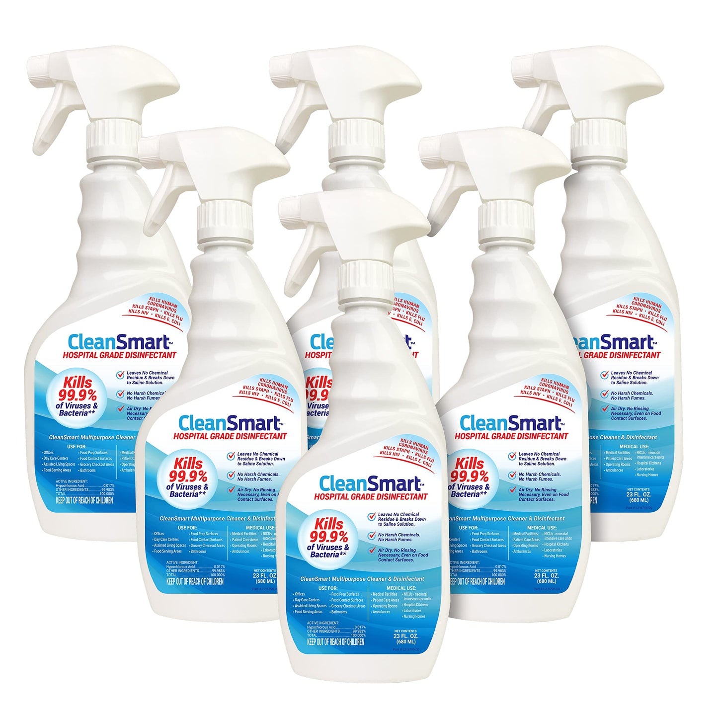 CleanSmart Hospital Disinfectant, Kills 99.9% of Viruses and Bacteria, Hypochlorous Acid Technology, EPA Registered, 23 oz, (Pack of 6) (HOCL)