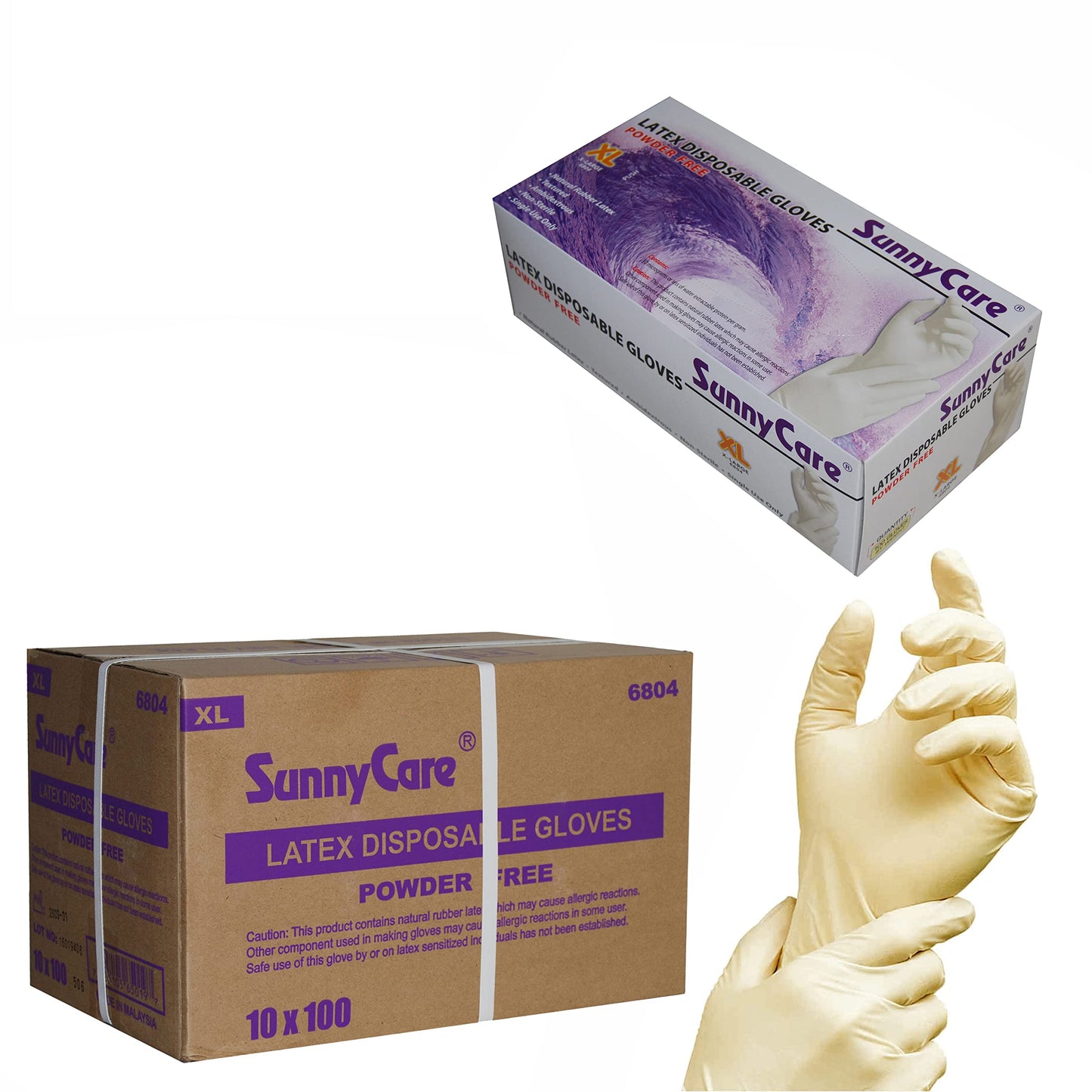 SunnyCare Latex Disposable Gloves Powder-Free, Box of 100, Total of 10 Boxes, X-Large (1000 Count)