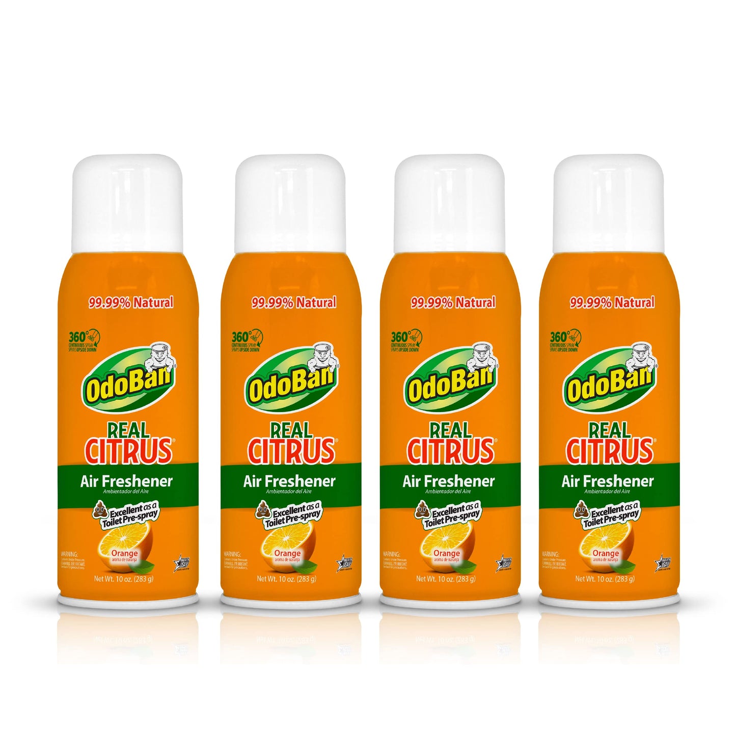 OdoBan Aroma Eliminator, 360-Degree Continuous Spray Natural Oil Real Citrus Air Freshener, Toilet Spray, 4-Pack, 10 Ounces Each, Orange Scent