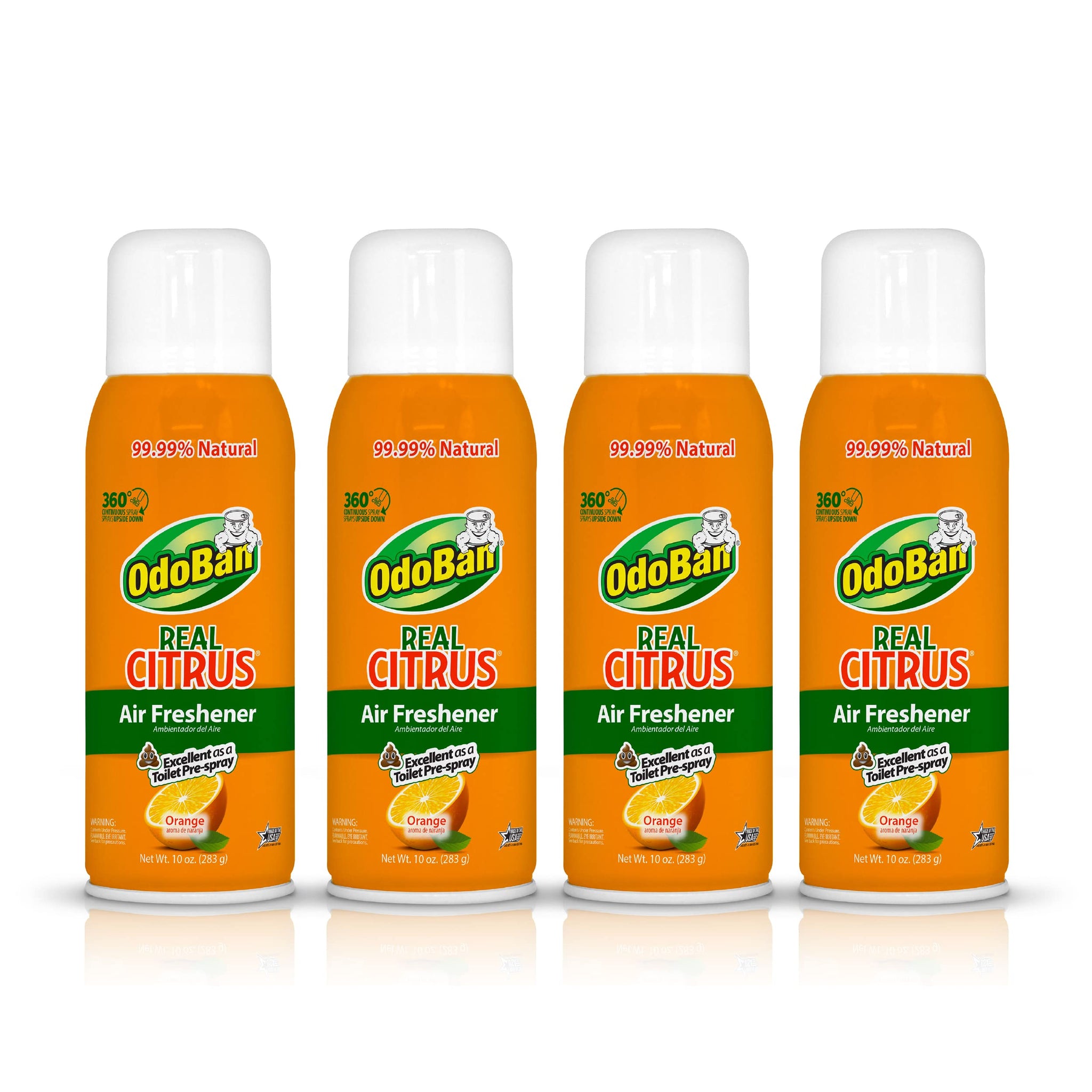 OdoBan Aroma Eliminator, 360-Degree Continuous Spray Natural Oil Real Citrus Air Freshener, Toilet Spray, 4-Pack, 10 Ounces Each, Orange Scent