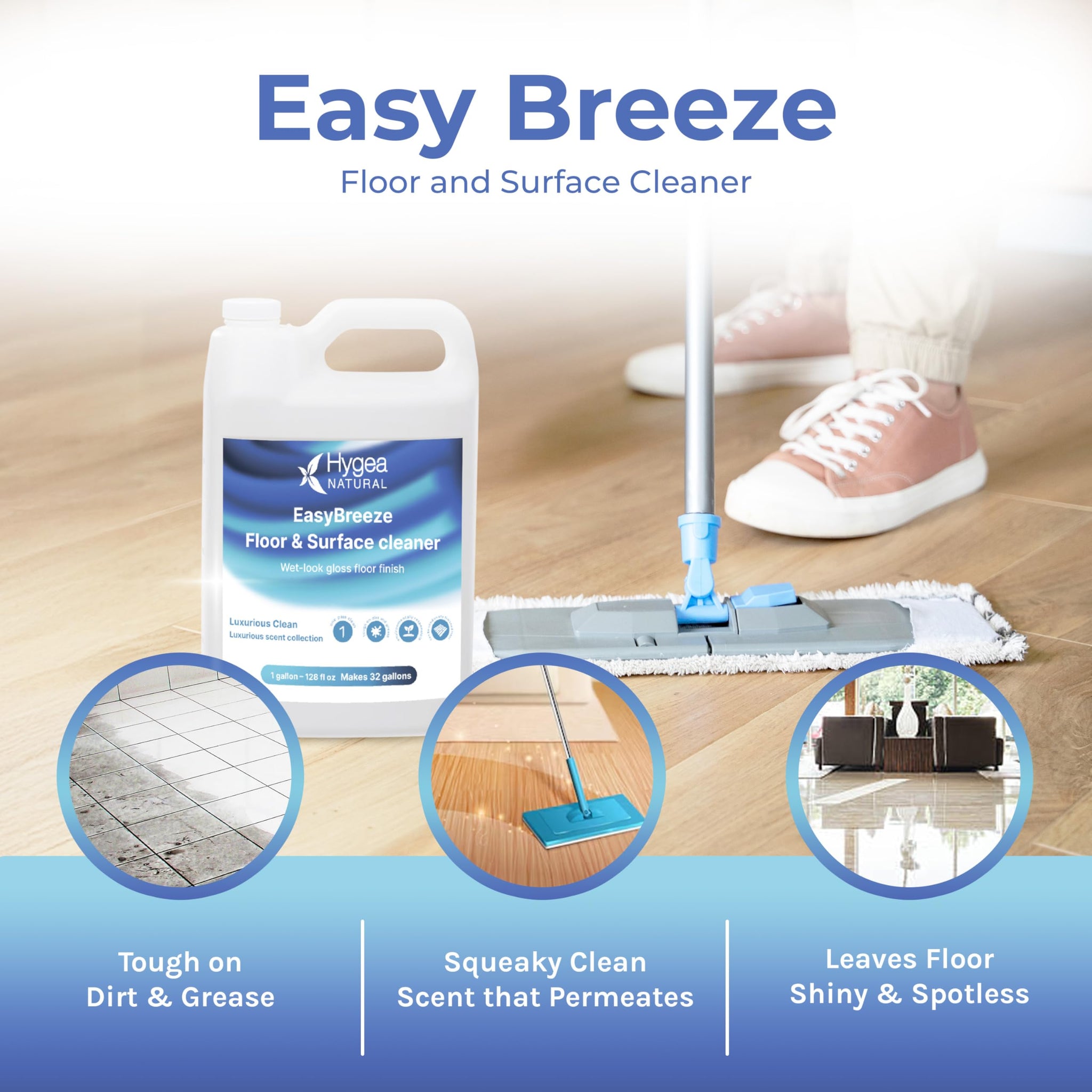 Hygea Natural EasyBreeze pH Neutral Floor Cleaner & All-Purpose Surface Cleaner - Wet-Look Gloss Finish - Tough on Dirt & Grease - Safe for Kids