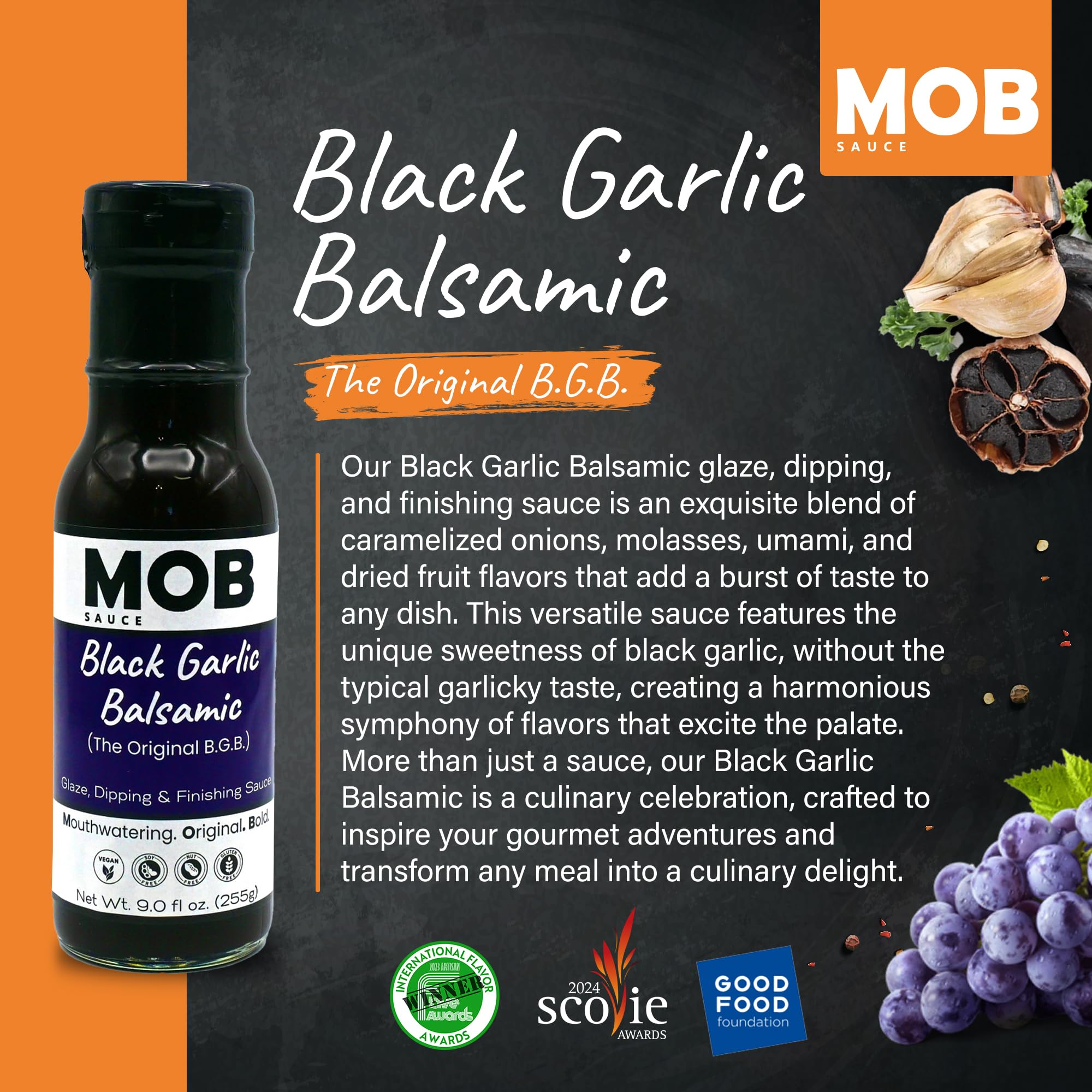 MOB Sauce Black Garlic Balsamic - Glaze, Dipping, and Finishing Sauce That’s Vegan, Gluten-Free with Natural Ingredients Free of Preservatives - 9 fl