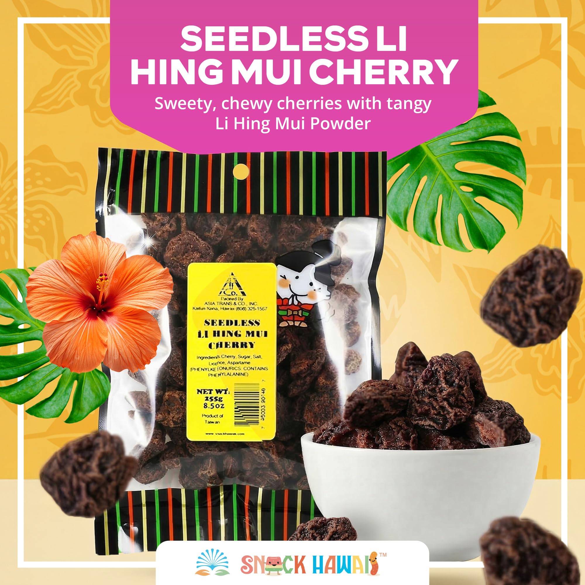 Asia Trans Seedless Li Hing Mui Cherry | Hawaiian Favorite | Naturally Sweet Dried Fruit Candy with Asian Plum Powder | 8.5 Ounce (Pack of 1)
