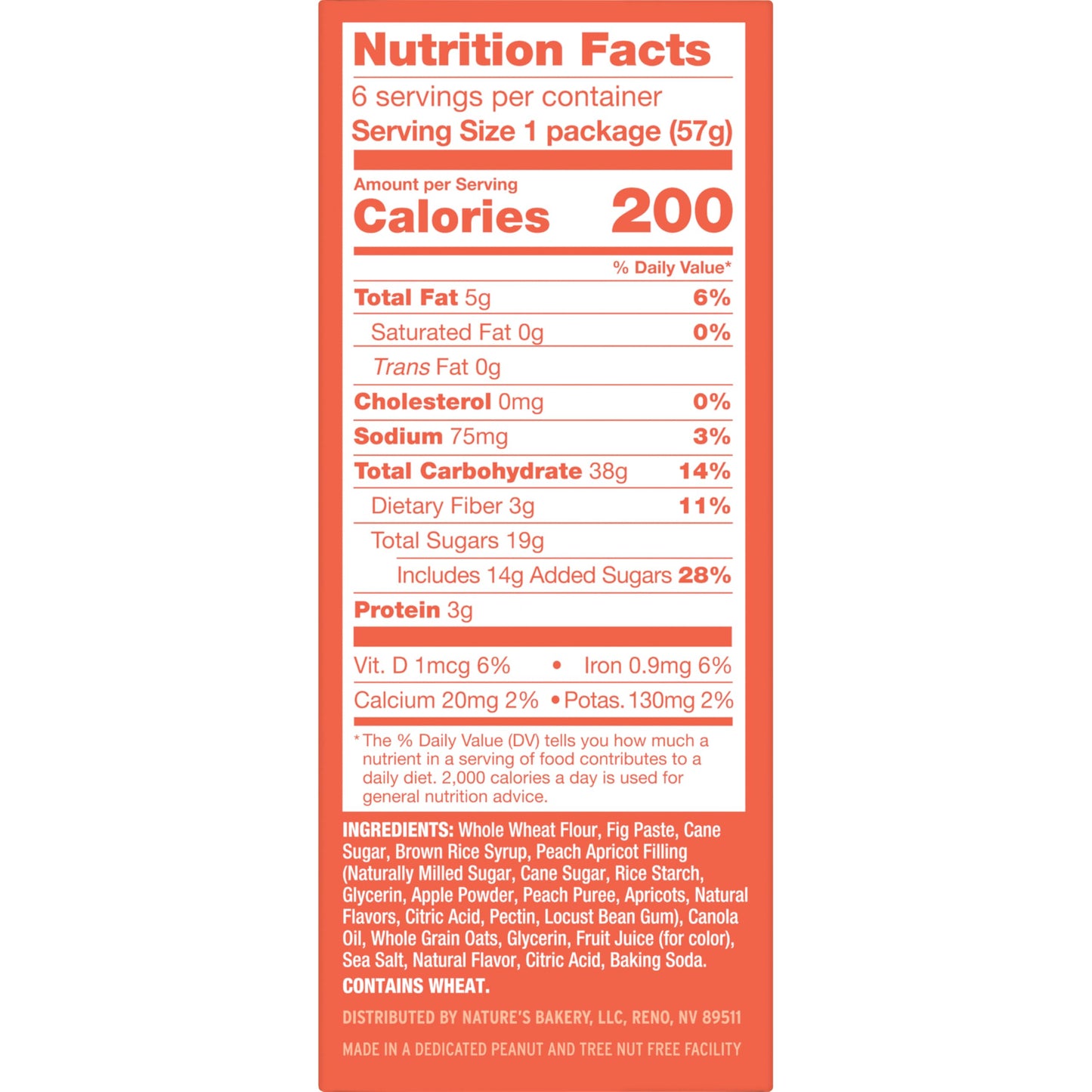 Natures Bakery Whole Wheat Fig Bar, Peach Apricot, 6 Count (Pack of 4)