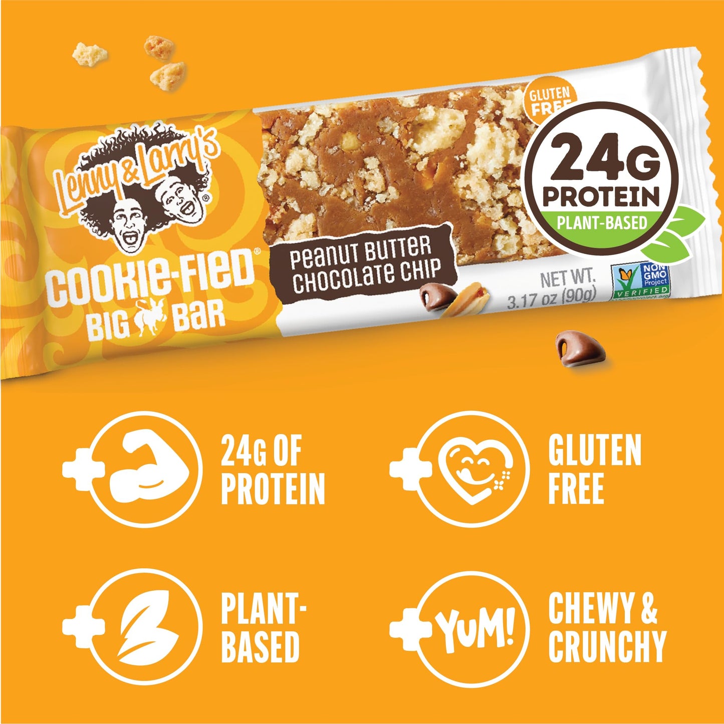 Lenny & Larry's Cookie-fied BIG BAR - Peanut Butter Chocolate Chip Vegan Protein Bars 12x90g - Healthy Snacks, 24g Plant Protein & 10g Prebiotic Fiber