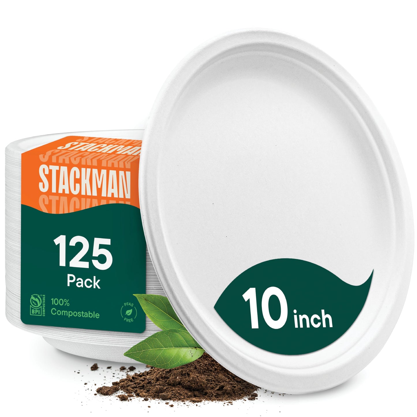 100% Compostable Disposable Paper Plates [125-Pack] - (PFAS-Free) - [10 Inch] Heavy Duty, Eco-Friendly, Biodegradable Bagasse Dinner Plates - Natural